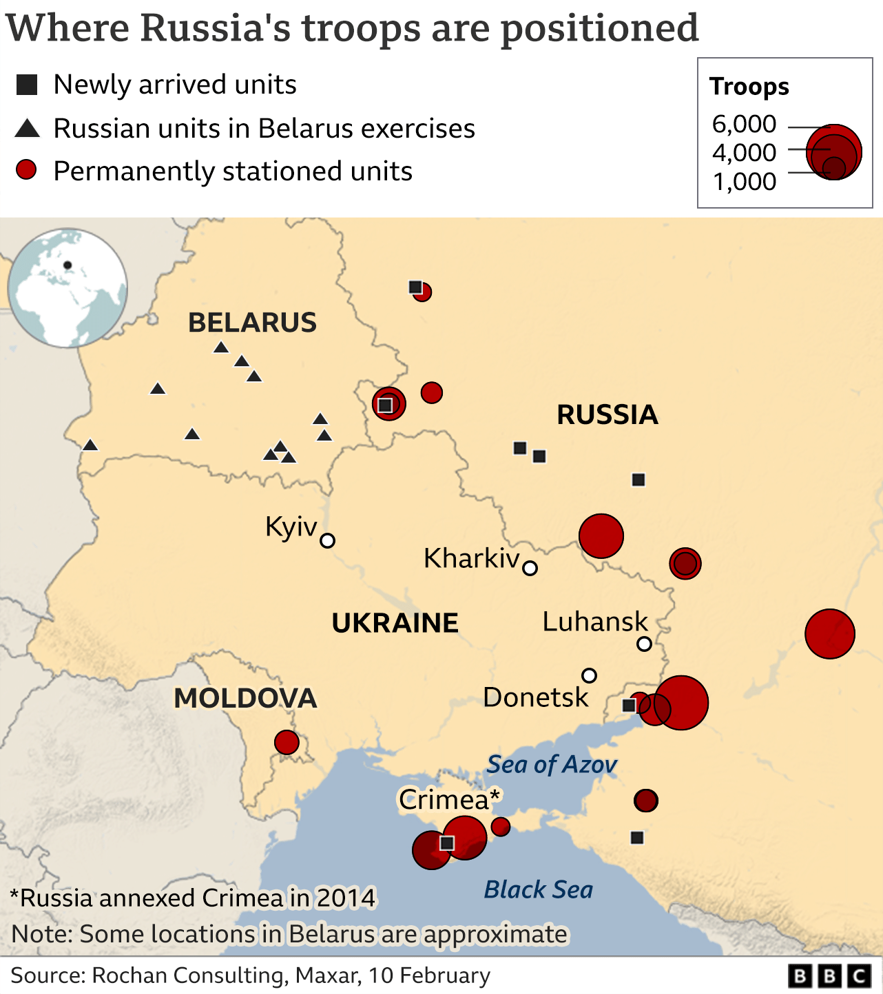 Map showing Russian troops near Ukraine, Feb 2022