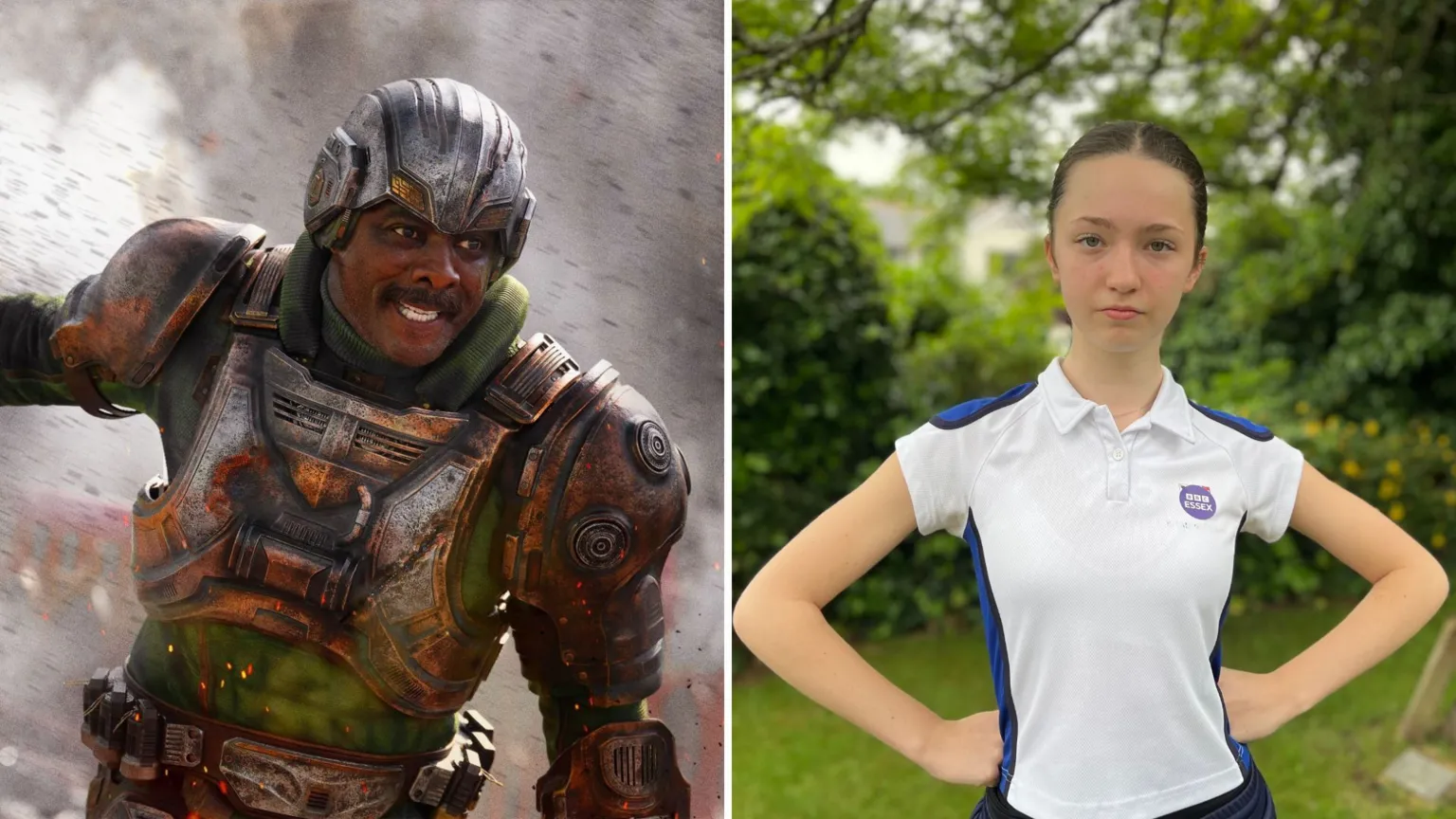 Amazon MGM Studios/Lauren Carter/BBC A side by side image of Idris Elba mid-action scene, and Delilah in a strong hand-on-hips pose.