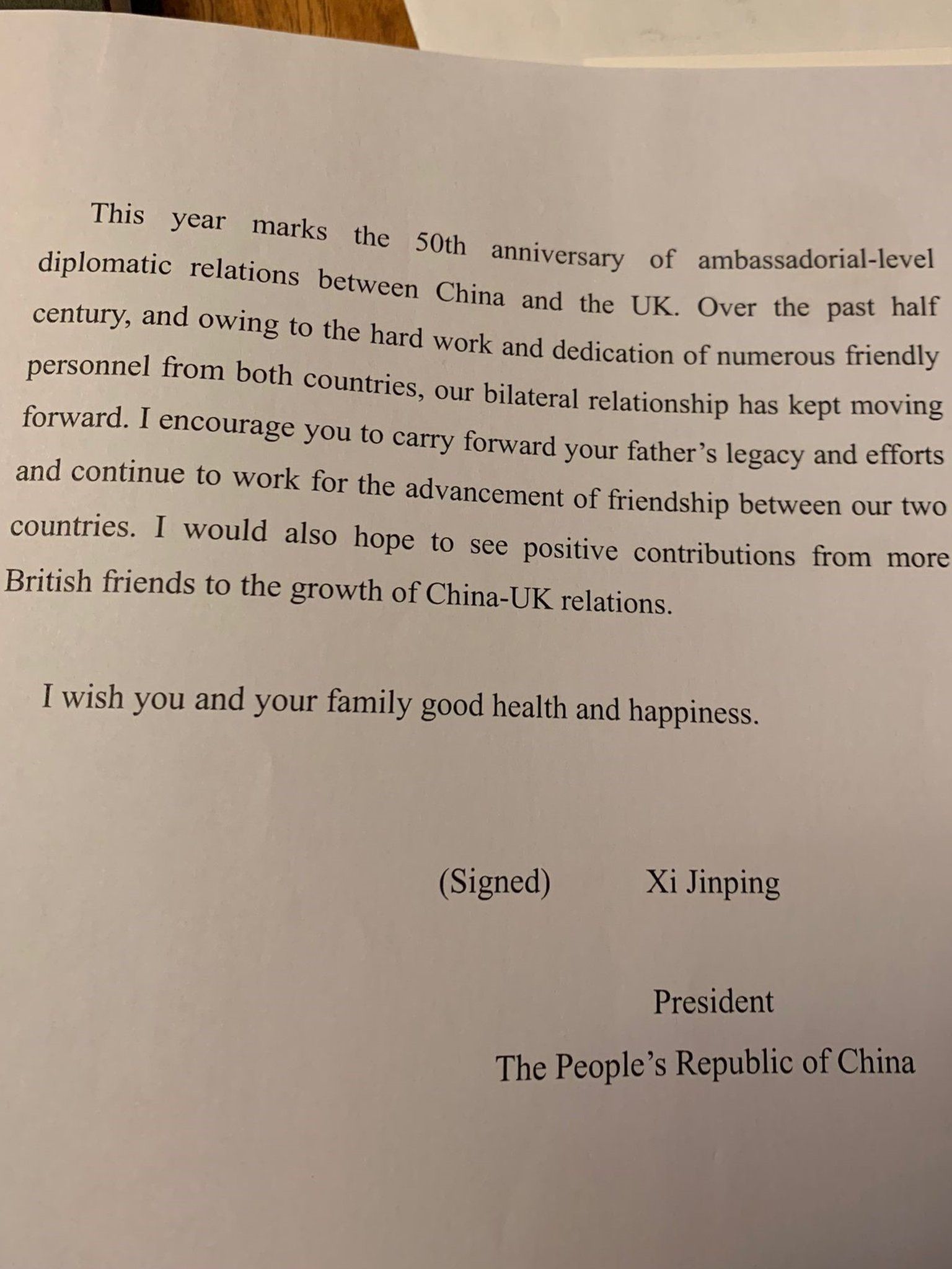 Letter from Chinese president Xi Jinping