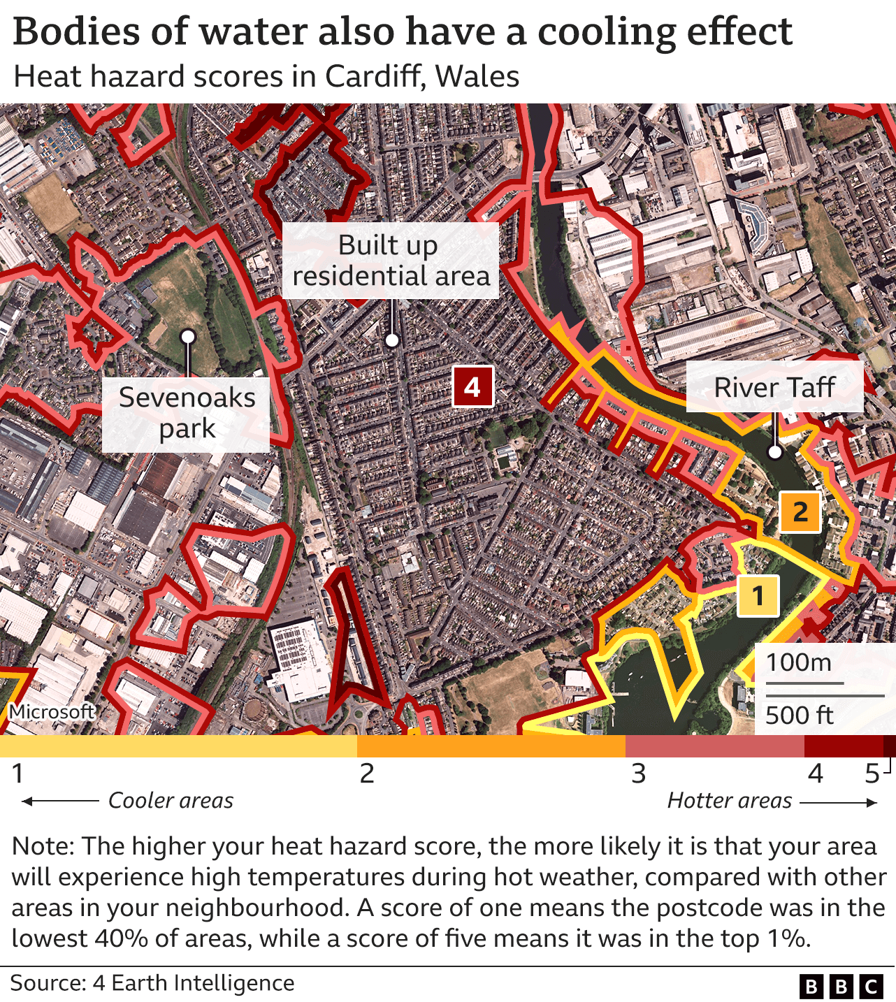 Map showing heat hazard areas in Cardiff, with areas near water showing a lower hazard score