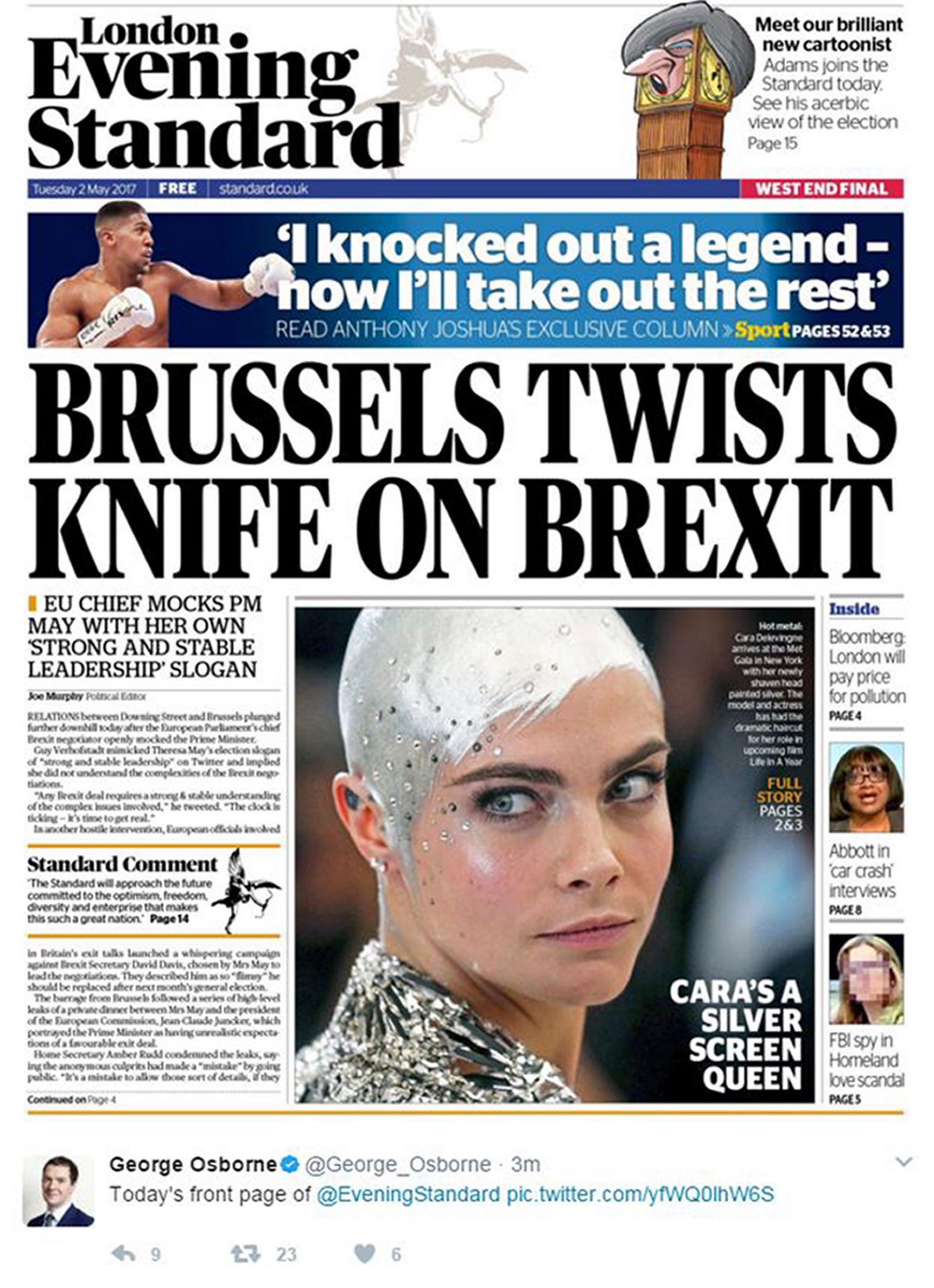 Front page of Evening Standard