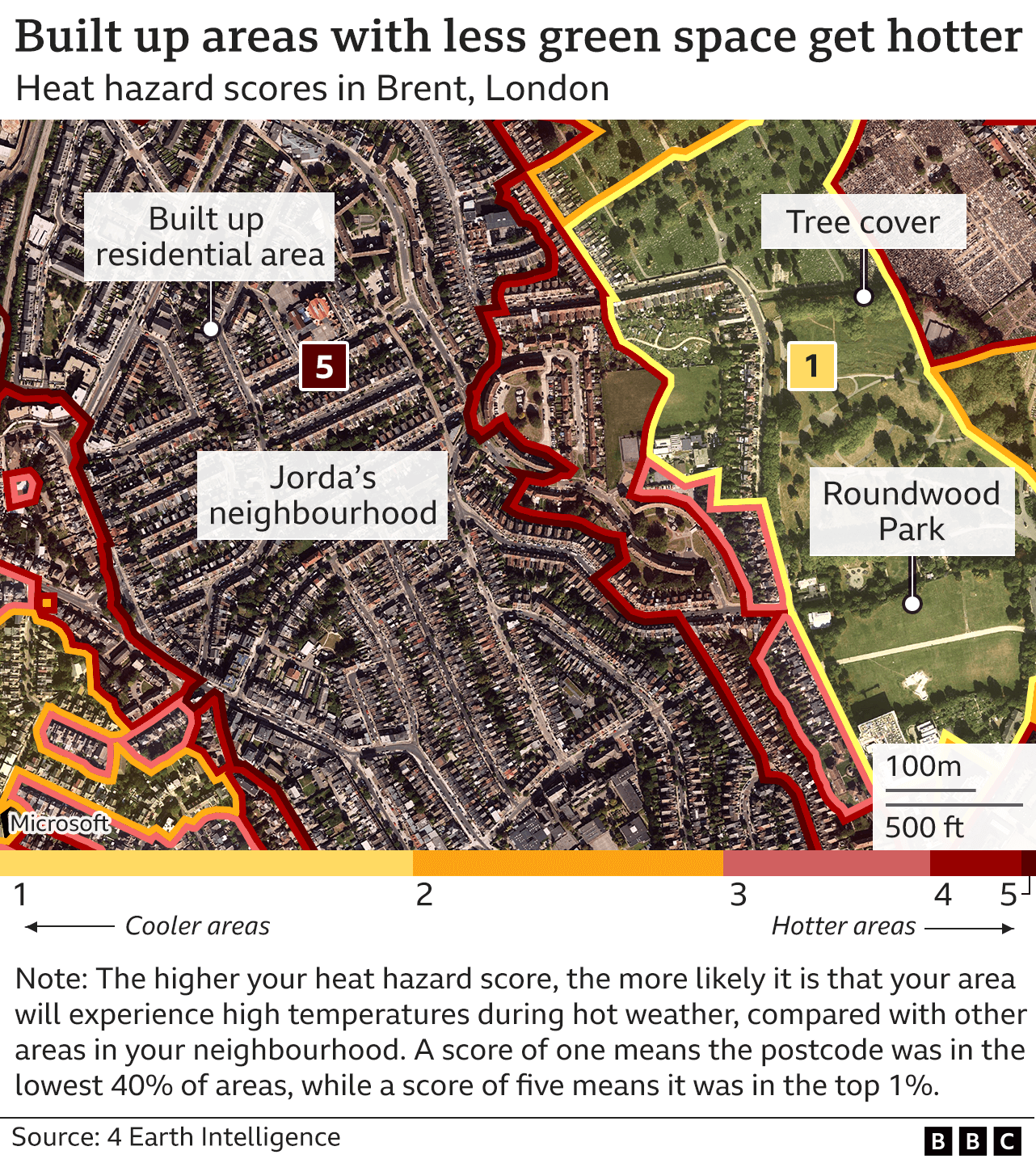 Map showing Jorda's neighbourhood's heat hazard score compared with nearby areas