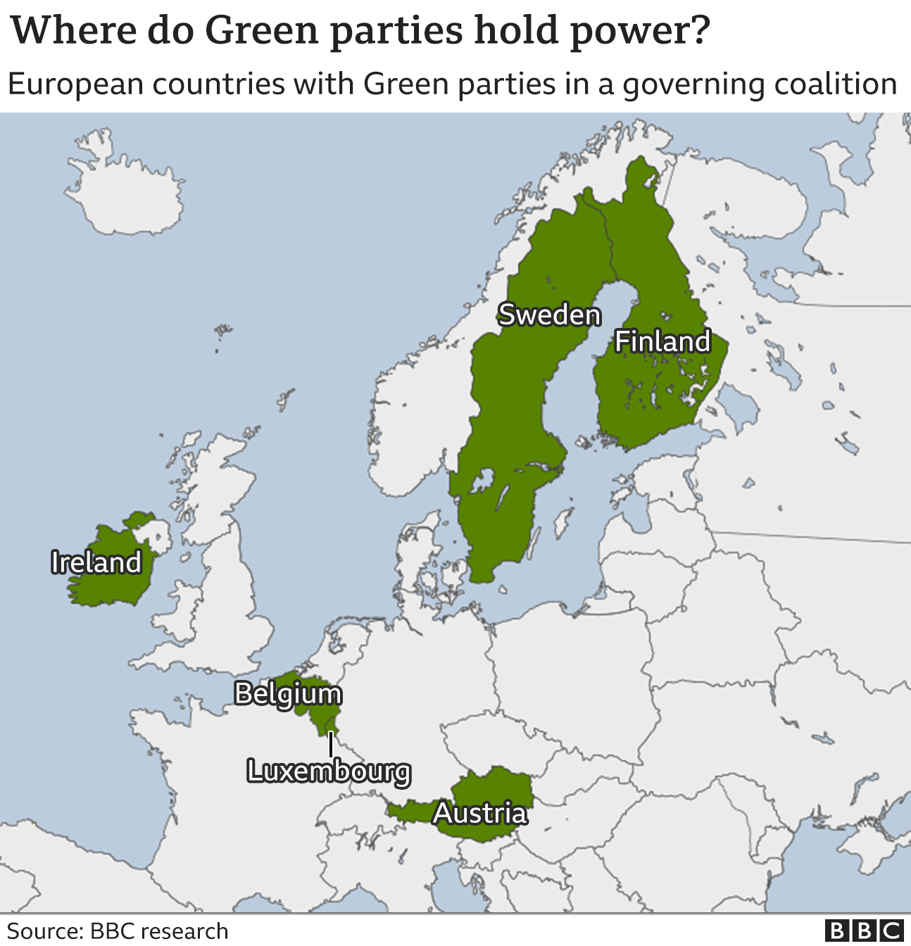 A map showing the countries where green parties hold power