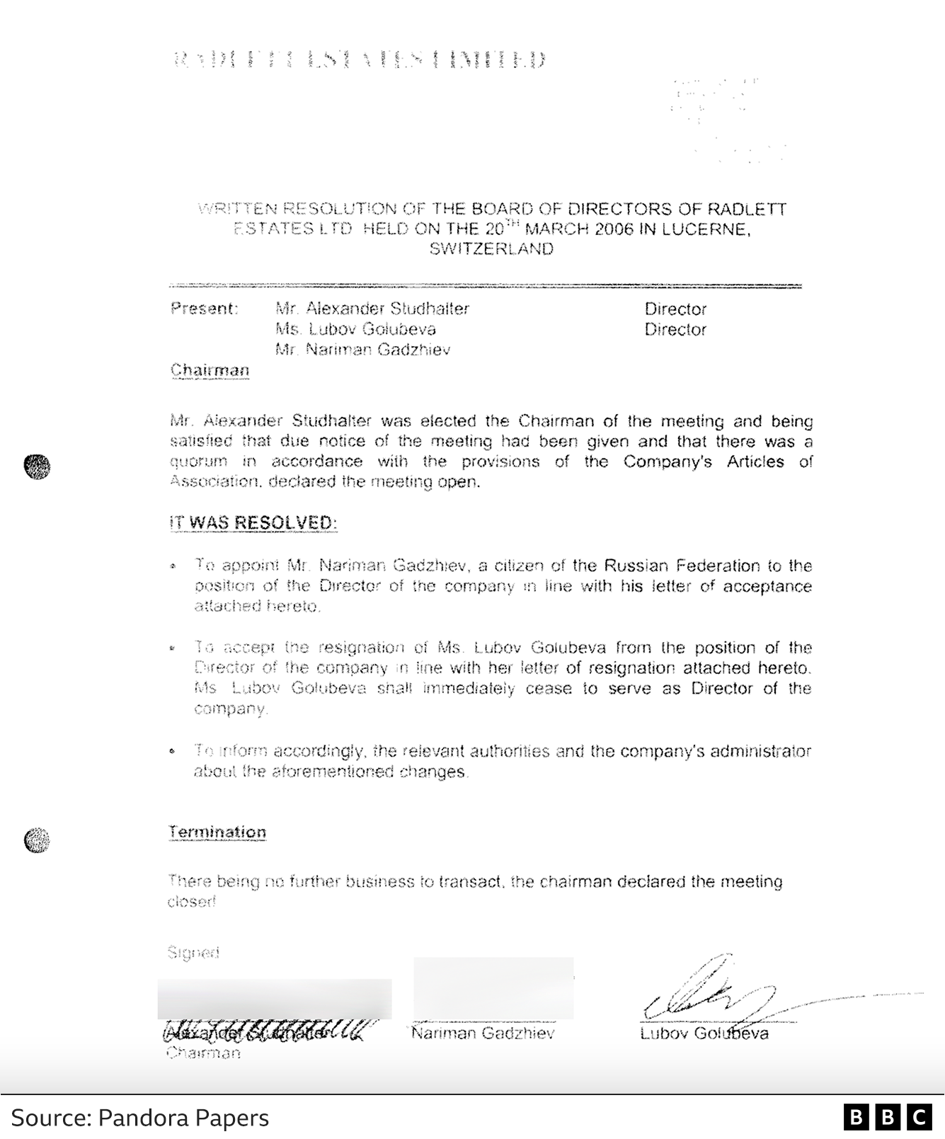 Radlett Estates Ltd 2006 document showing "Lubov Golubeva" signature