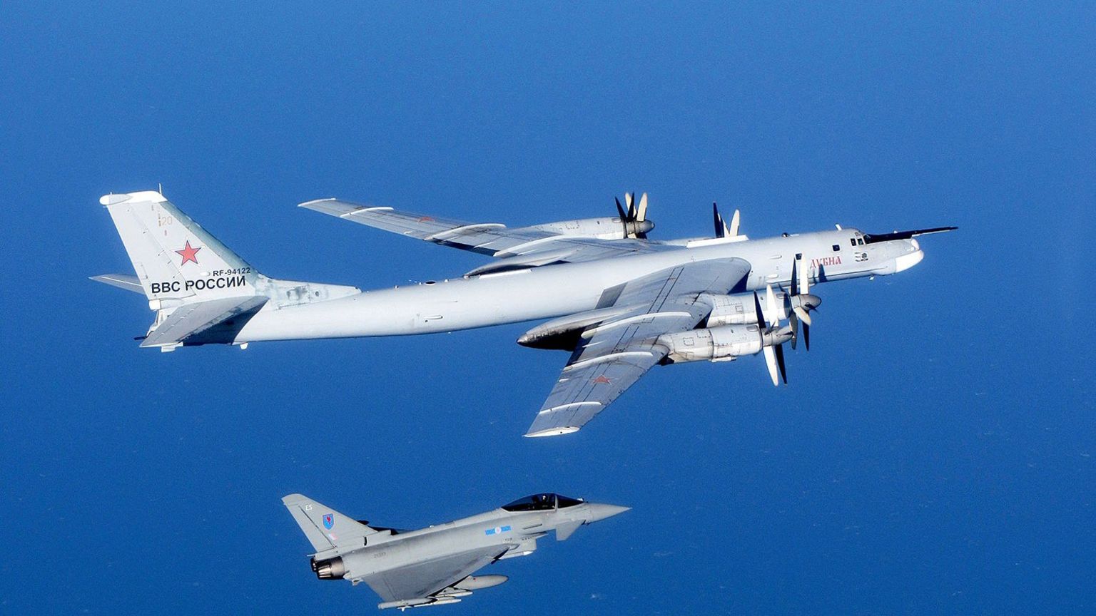 Russian Bear aircraft escorted by a Royal Air Force Quick Reaction Alert Typhoon in September 2014
