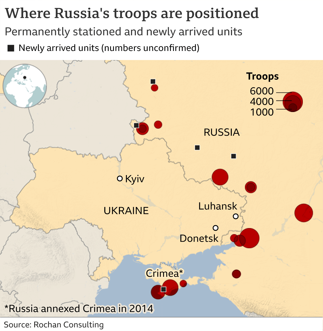 Map showing where Russia's troops are positioned along the border with Ukraine.
