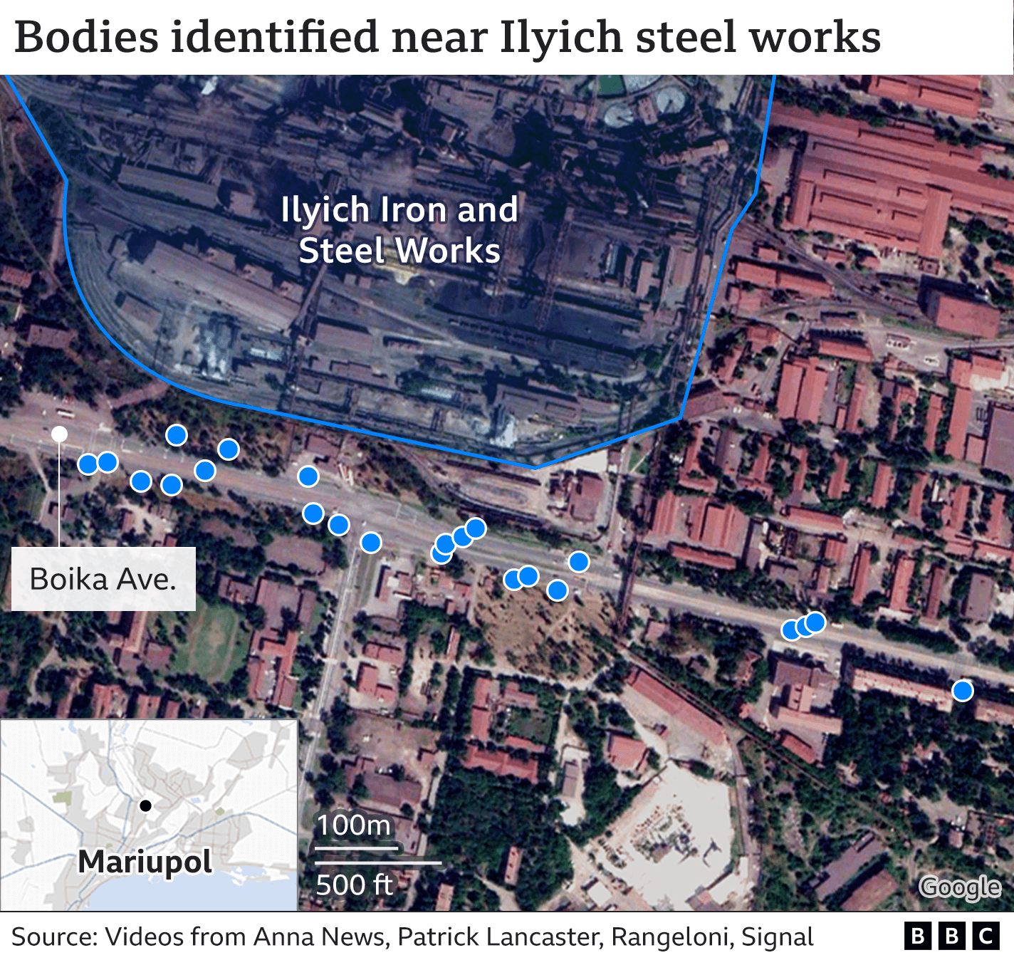 Satellite image with positions of bodies marked