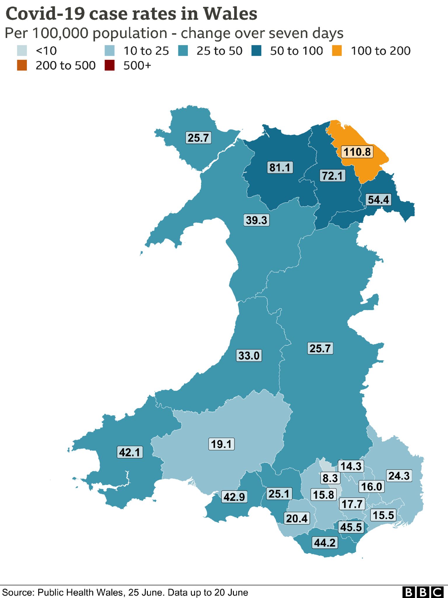 Map of Wales' Covid case rates 25 June