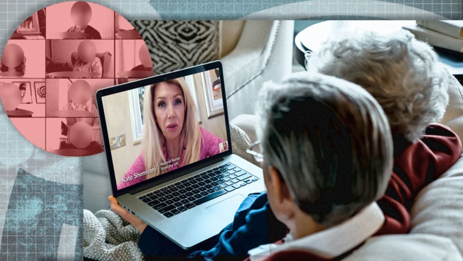 Photo illustration of a couple looking at a laptop with a misleading medical authority on the screen