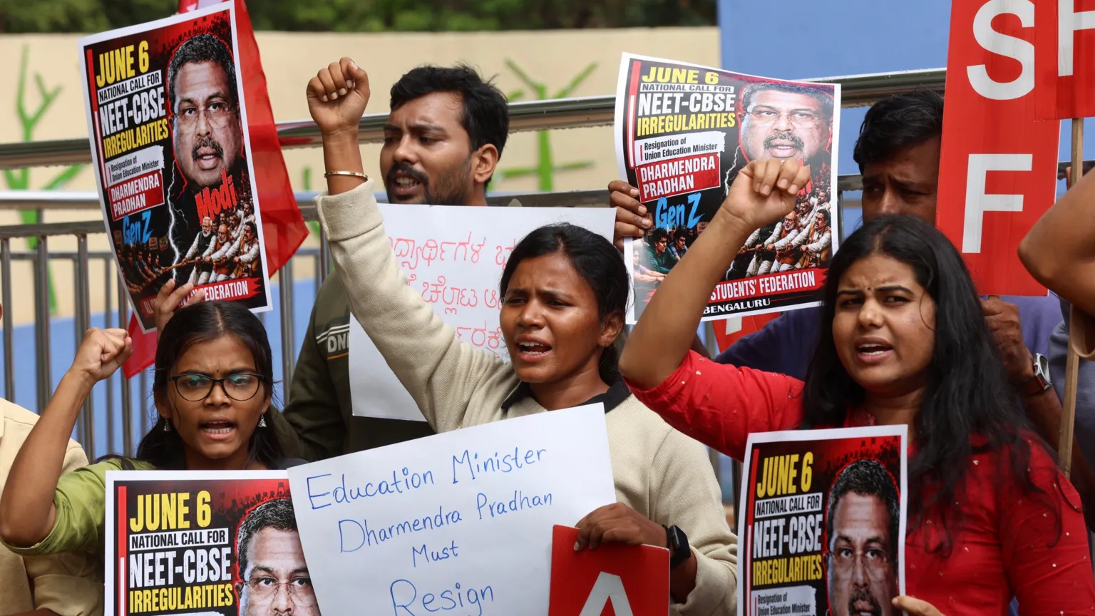 EPA/Shutterstock Members of the All India Students Federation (AISF) hold placards and shout slogans during a protest against the alleged National Eligibility cum Entrance Test (NEET) paper leak in Bangalore, India, on 06 June 2026.