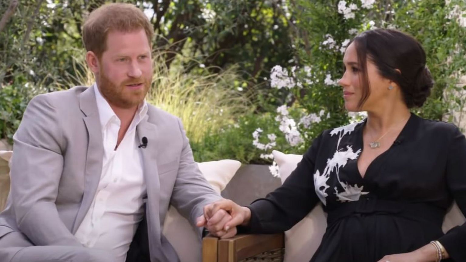 Prince Harry and Meghan, Duchess of Sussex, speaking to Oprah Winfrey