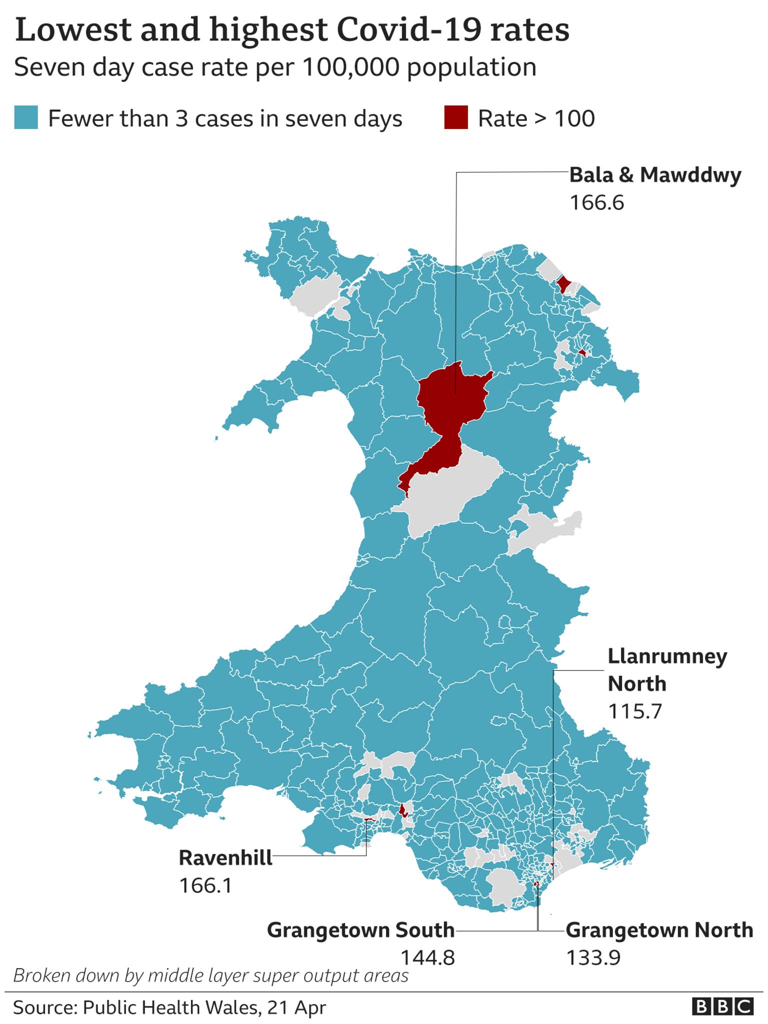 Map showing Covid hotspots in Wales, 21 April, 2021
