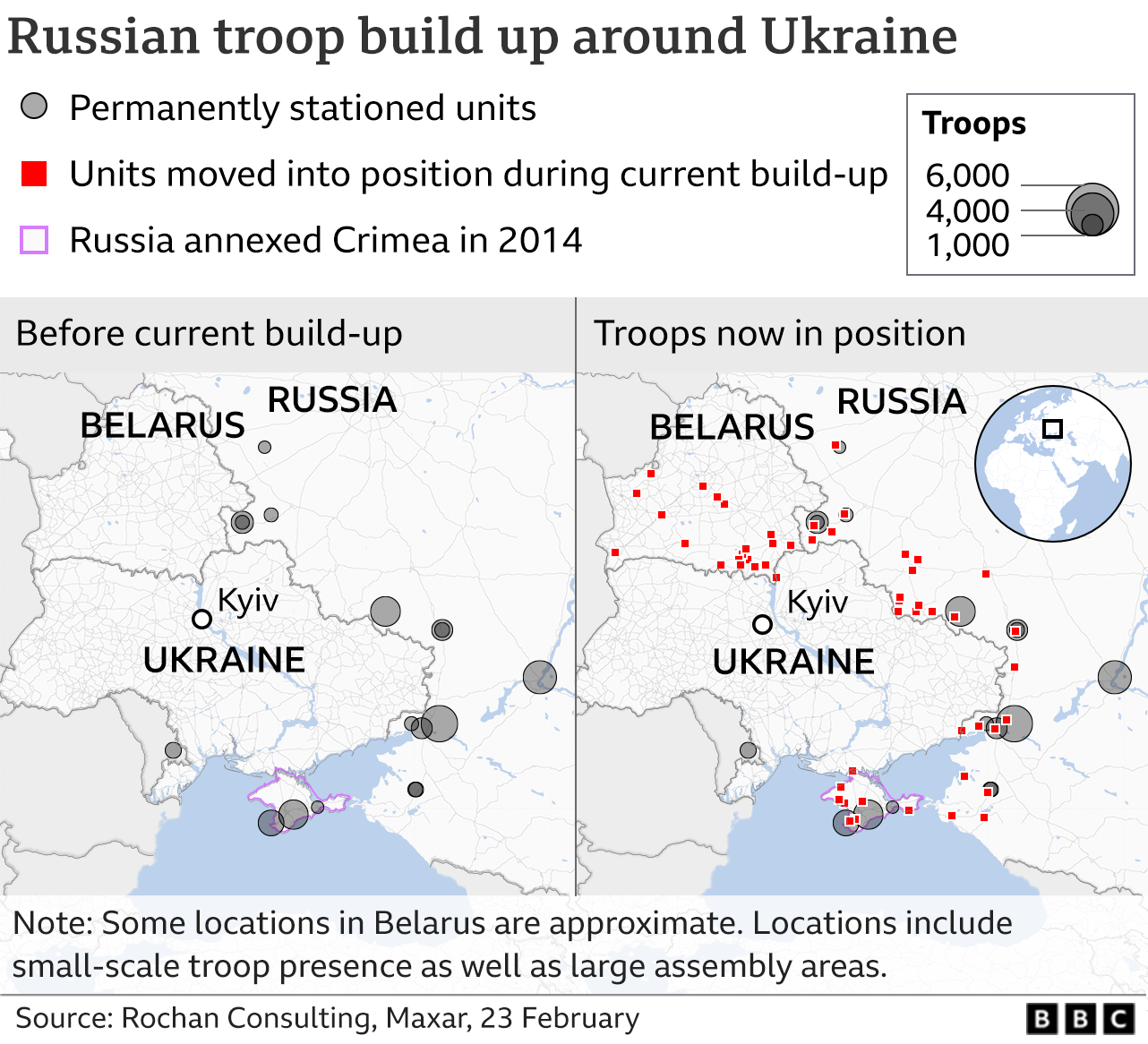 Map showing where Russian troops are positioned. Updated 23 FEB.