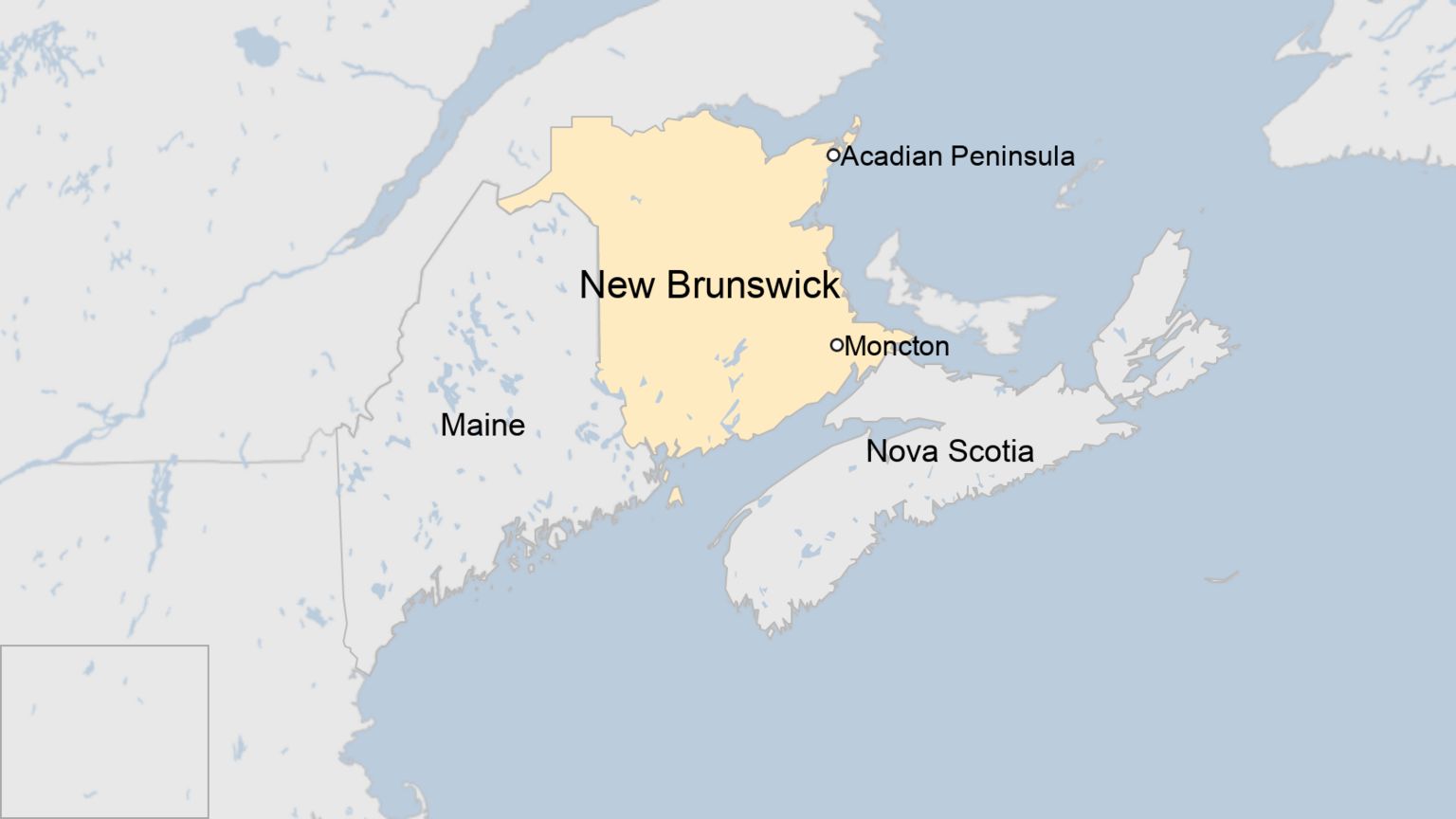 Map of New Brunswick showing Moncton and the Acadian Peninsula