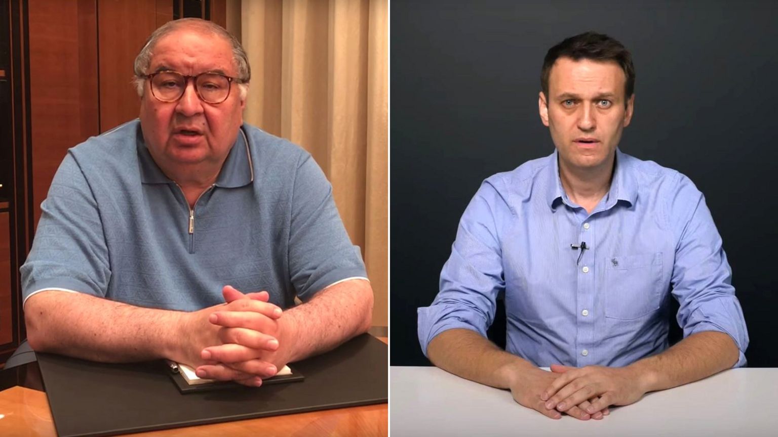 Russian tycoon Alisher Usmanov (l) and anti-corruption campaigner Alexei Navalny (r) appear in videos attacking each other.