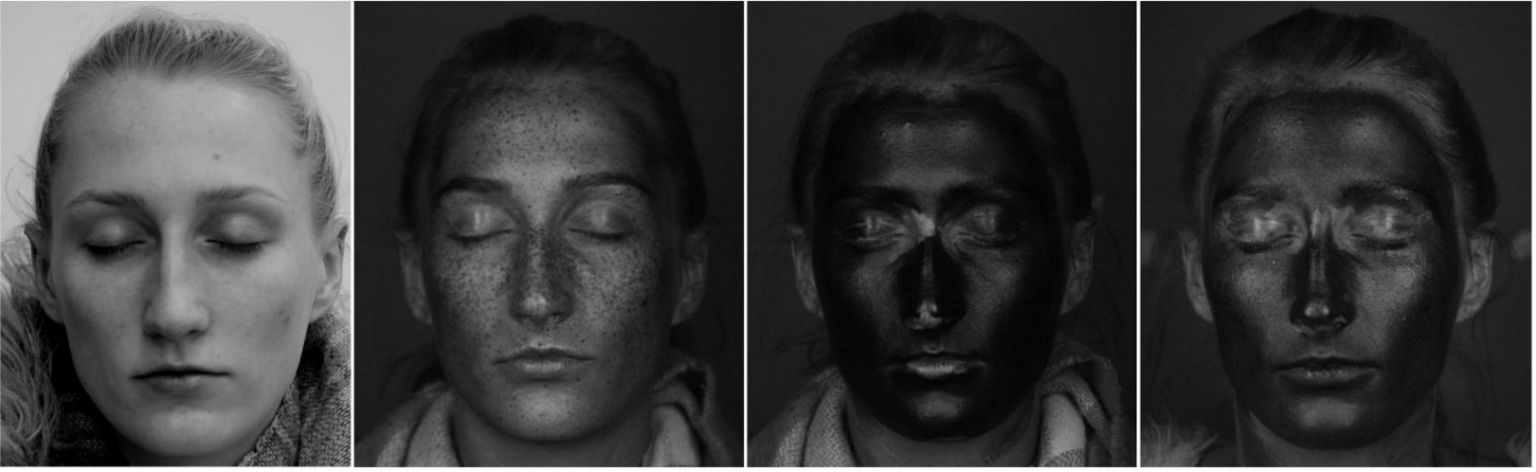 Faces under normal and UV light, showing how moisturiser and sunscreen are applied