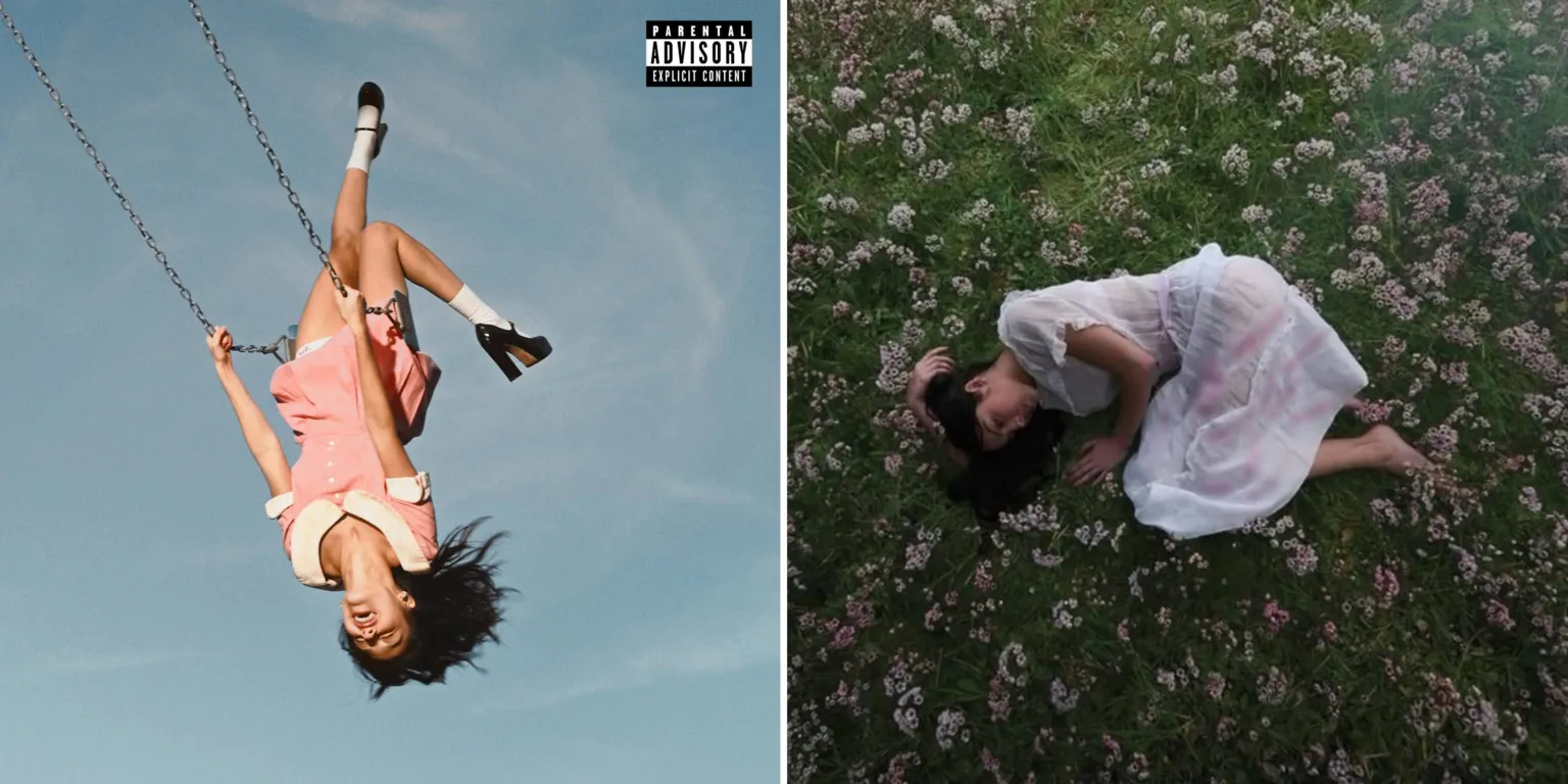 Polydor/Interscope The front and back cover for Olivia Rodrigo's You Seem Pretty Sad For A Girl So In Love. The first image shows the singer throwing her head back in joy as she rides on a playground swing, while the second sees her fallen to the ground, curled up in sadness.