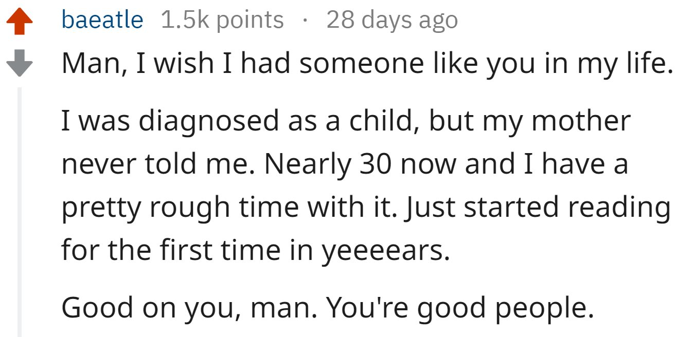 Screen grab of a comment from Reddit reading, "Man, I wish I had someone like you in my life. Good on you, man. You're good people."
