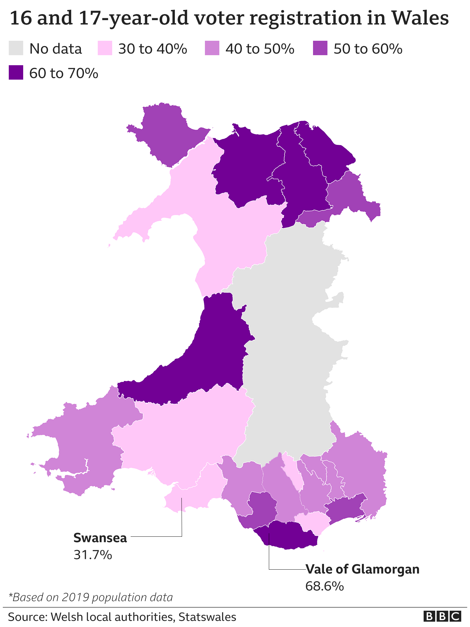 Map showing how many young people are registered to vote