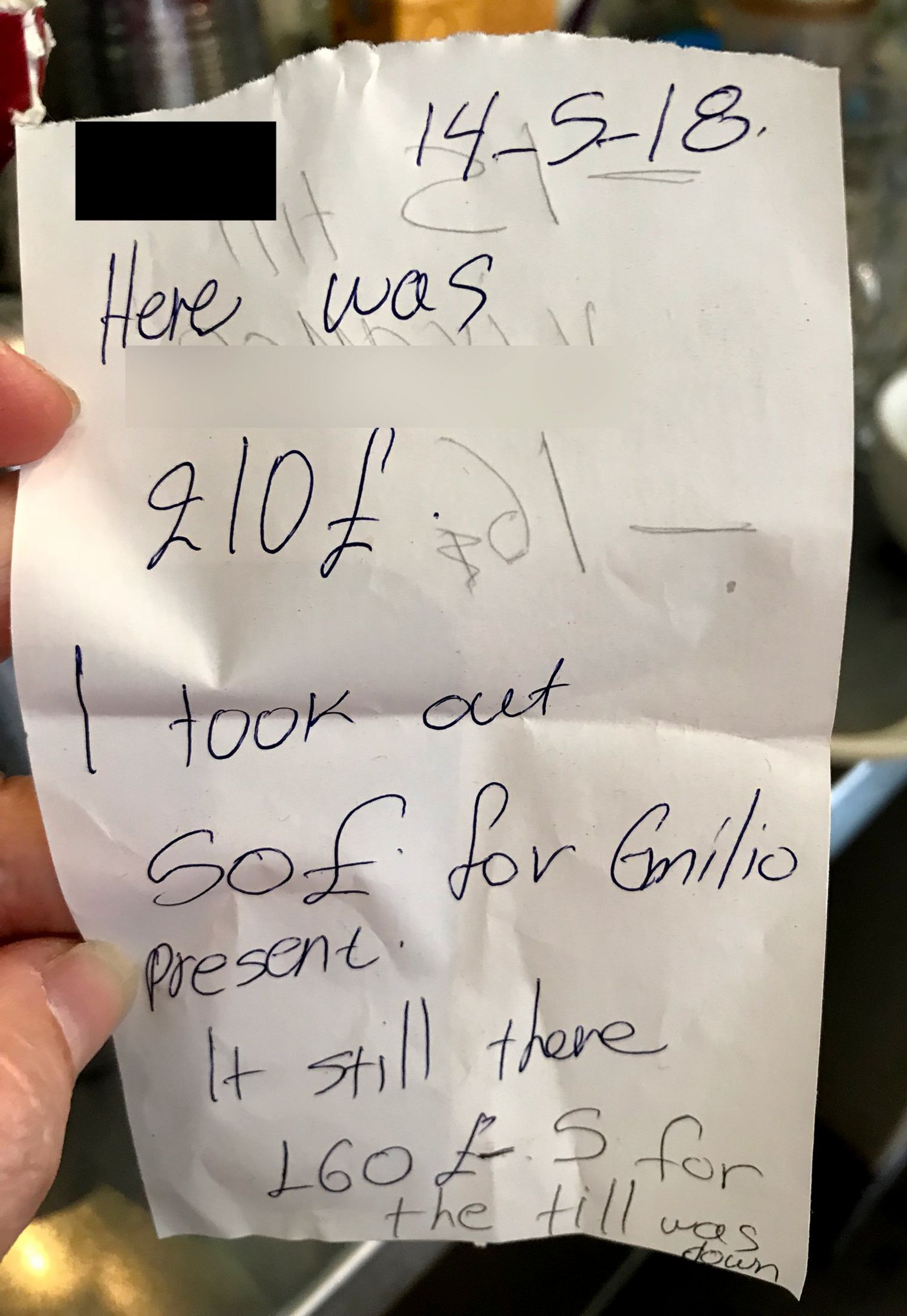 Note from tip money pot