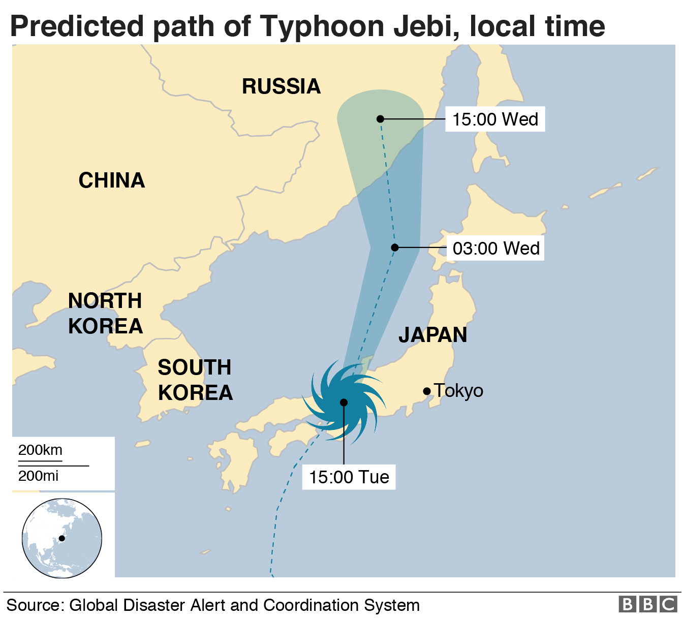Mad of predicted path of typhoon