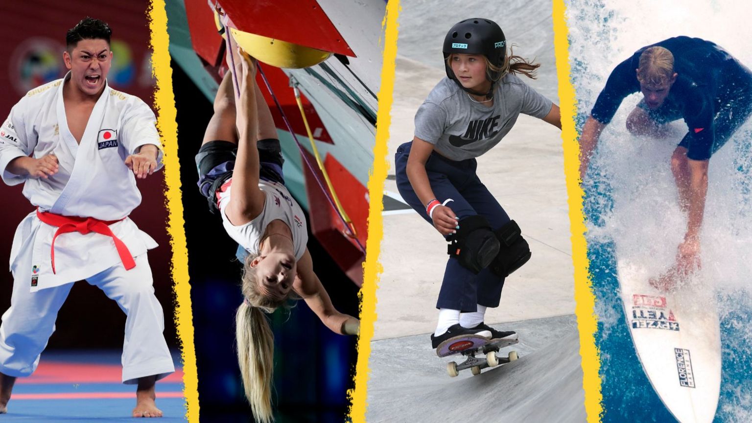 Collage of karateka Damian Quintero, climber Shauna Coxsey, skateboard star Sky Brown, and surfer John John Florence