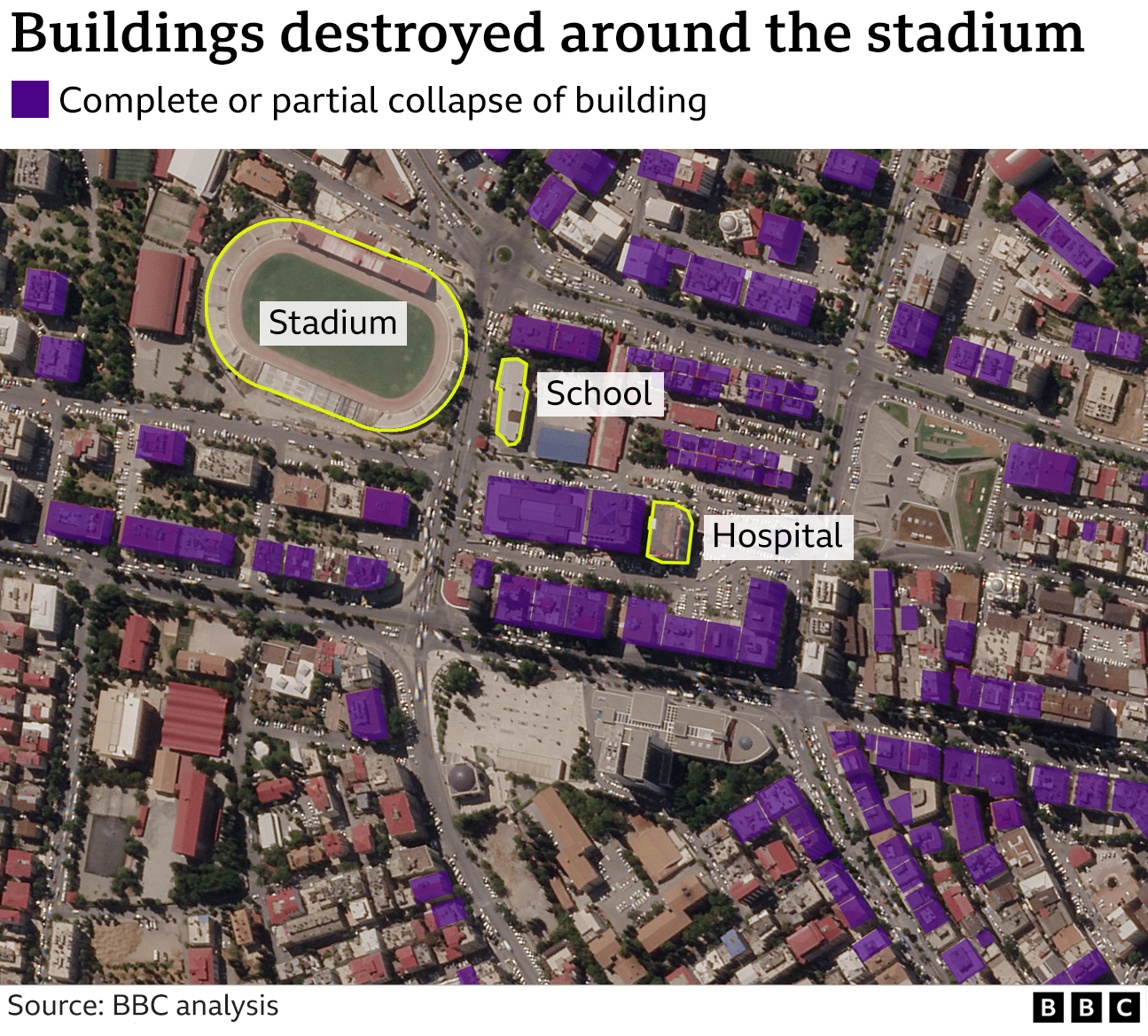 Satellite image showing which buildings near the stadium have been destroyed