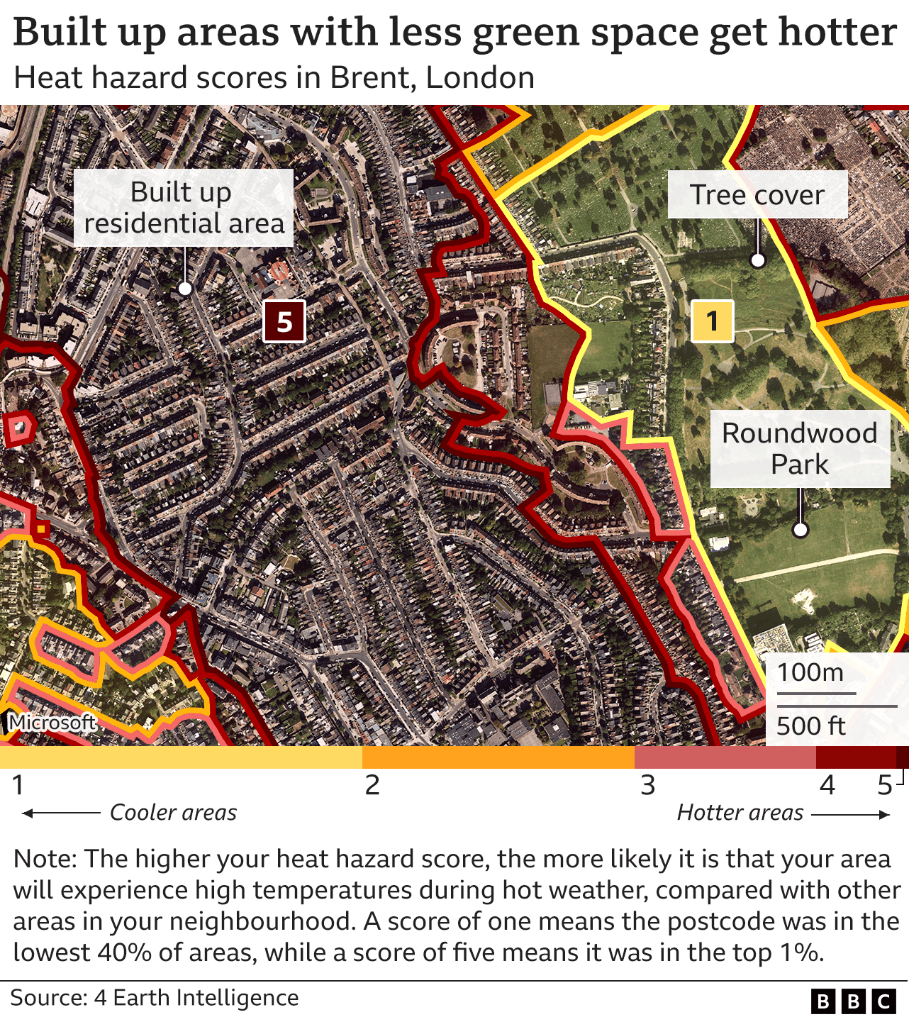 Map showing heat hazard areas in Brent, with areas near green spaces showing a lower hazard score