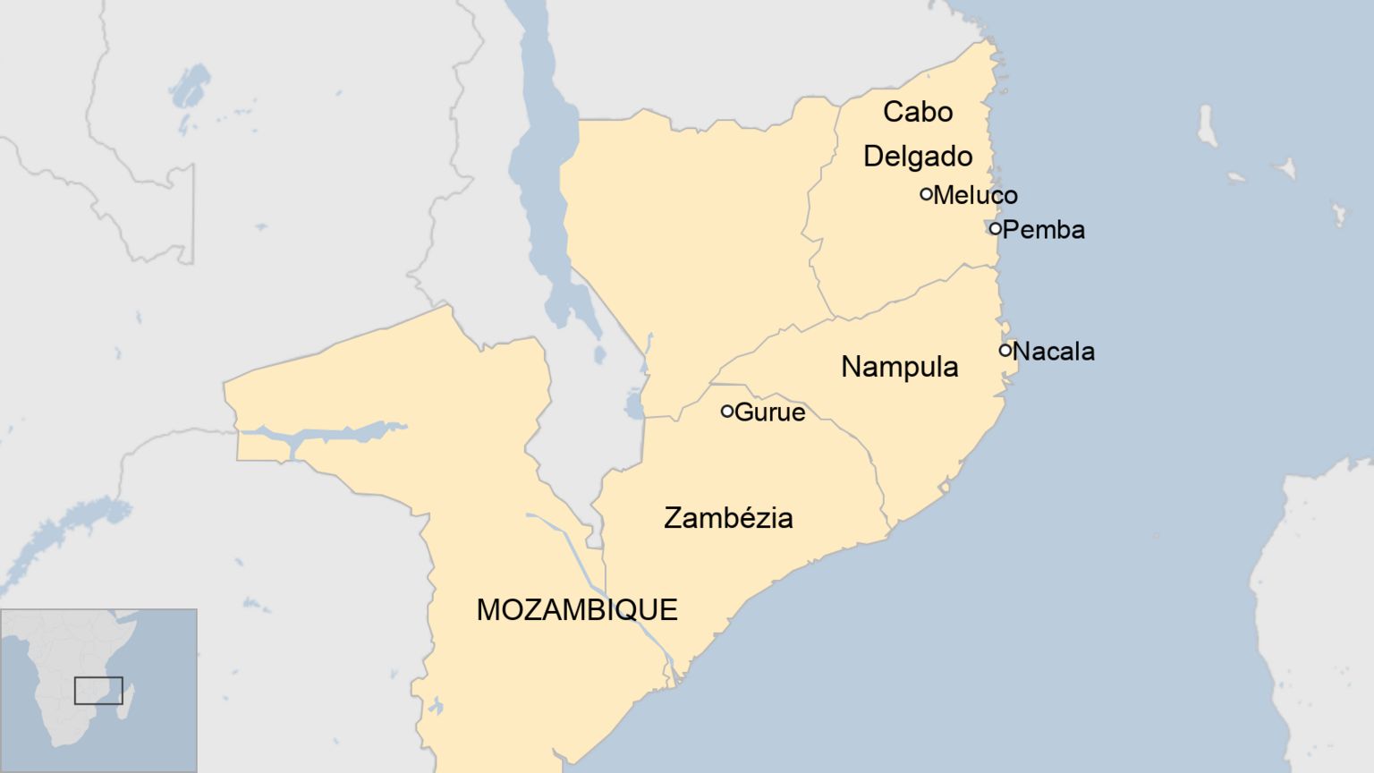 Map of Cabo Delgado, Nampula and Zambezia provinces