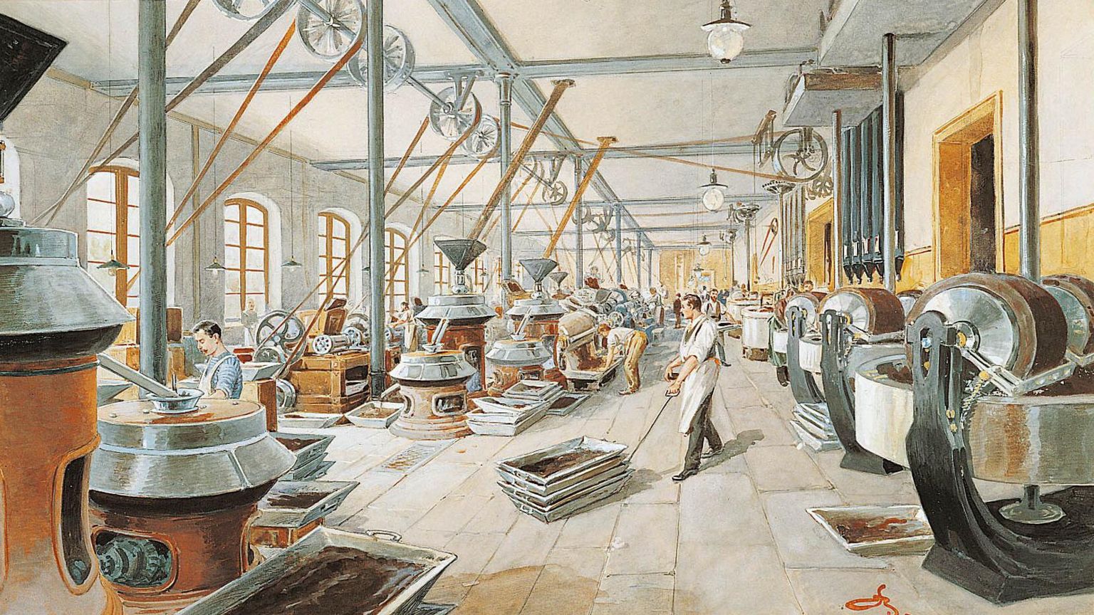 An old drawing of chocolate production in a Lindt factory