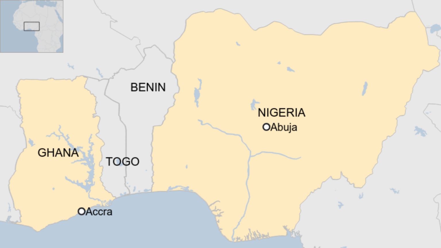 Map showing Ghana and Nigeria