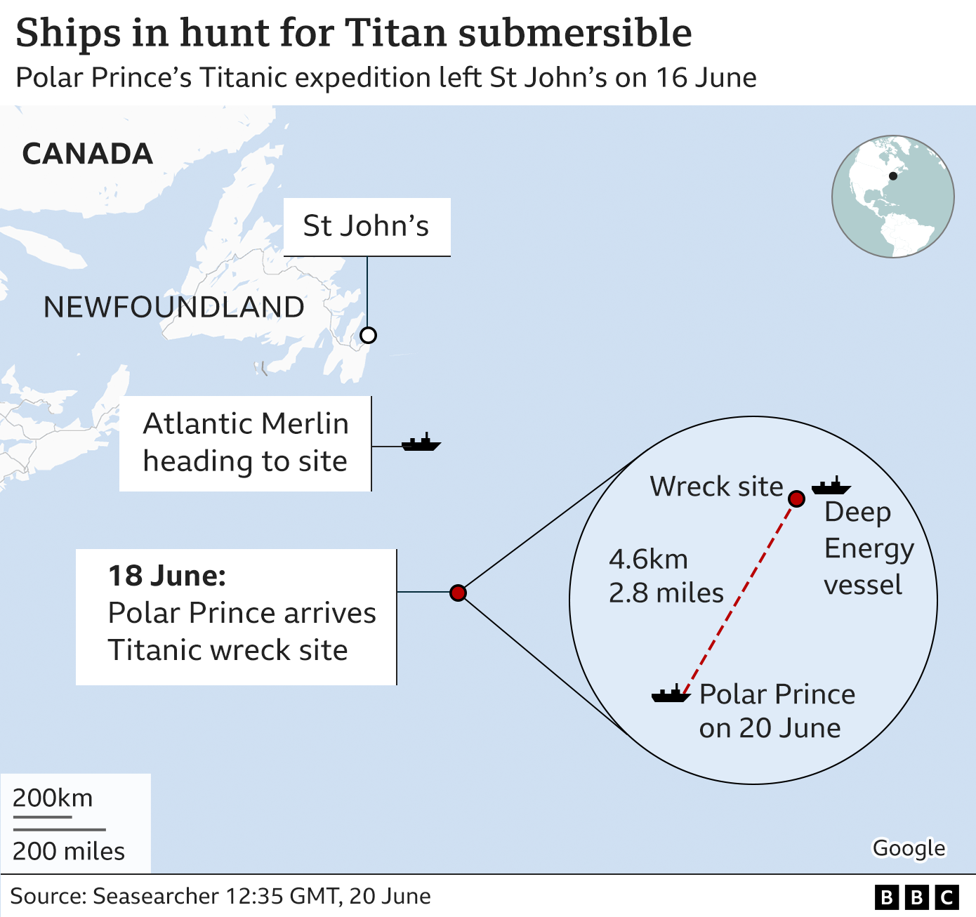 Map showing location of the Titanic wreck site in relation to Newfoundland and St John's and where the Polar Prince, Deep Energy and Atlantic Merlin vessels are