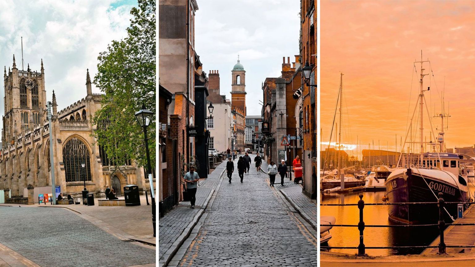 A trio of images, the first shows a church with a blue sky behind it and a cobbled street in the foreground, the second a cobbled street with people walking down it and the third, boats in Hull Marina bathed in a golden glow from the setting sun.