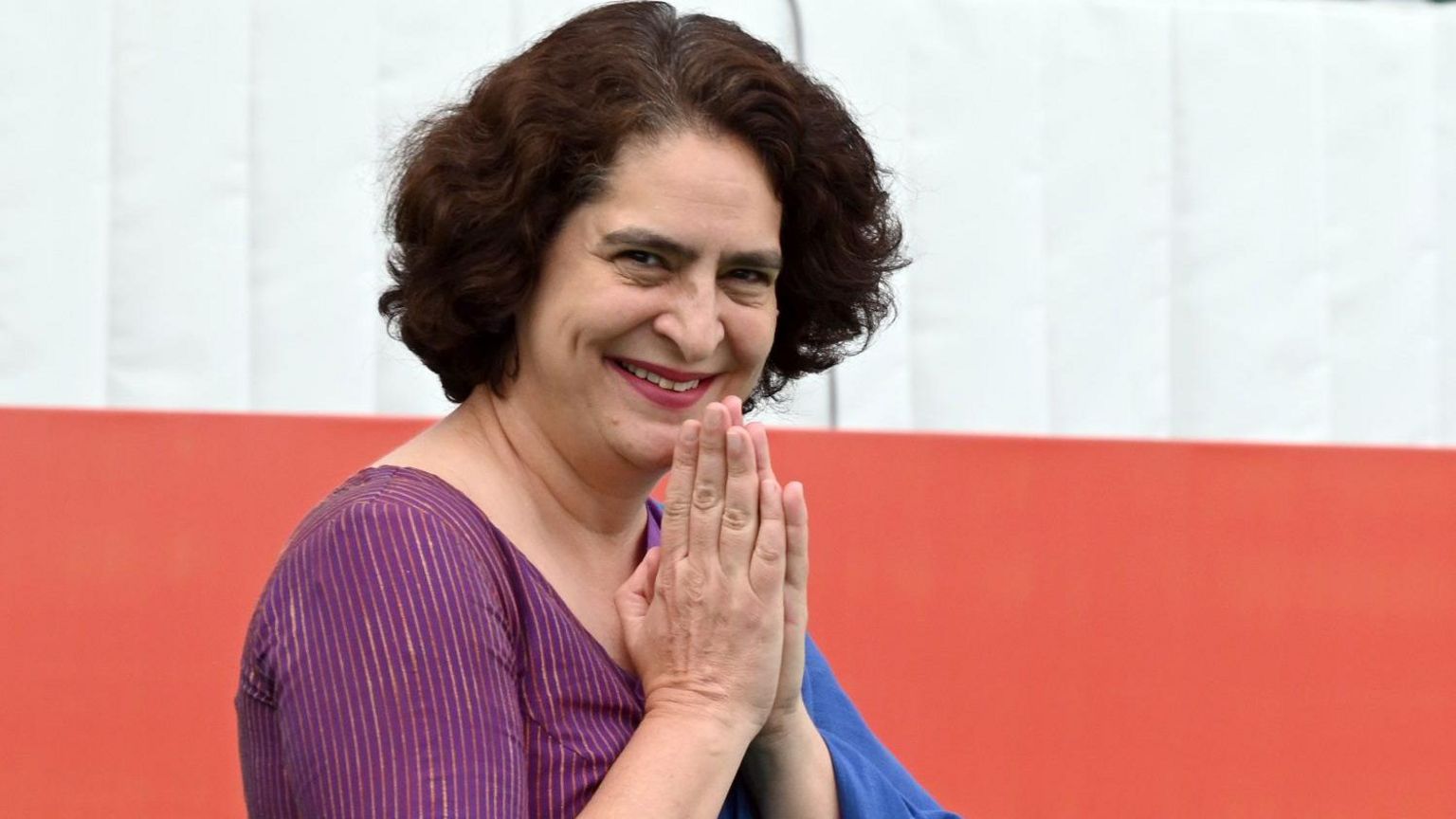 Congress general secretary Priyanka Gandhi Vadra folds hands at the launch of the party's manifesto for the 2024 elections, at the Congress headquarters on 5 April 2024 in New Delhi