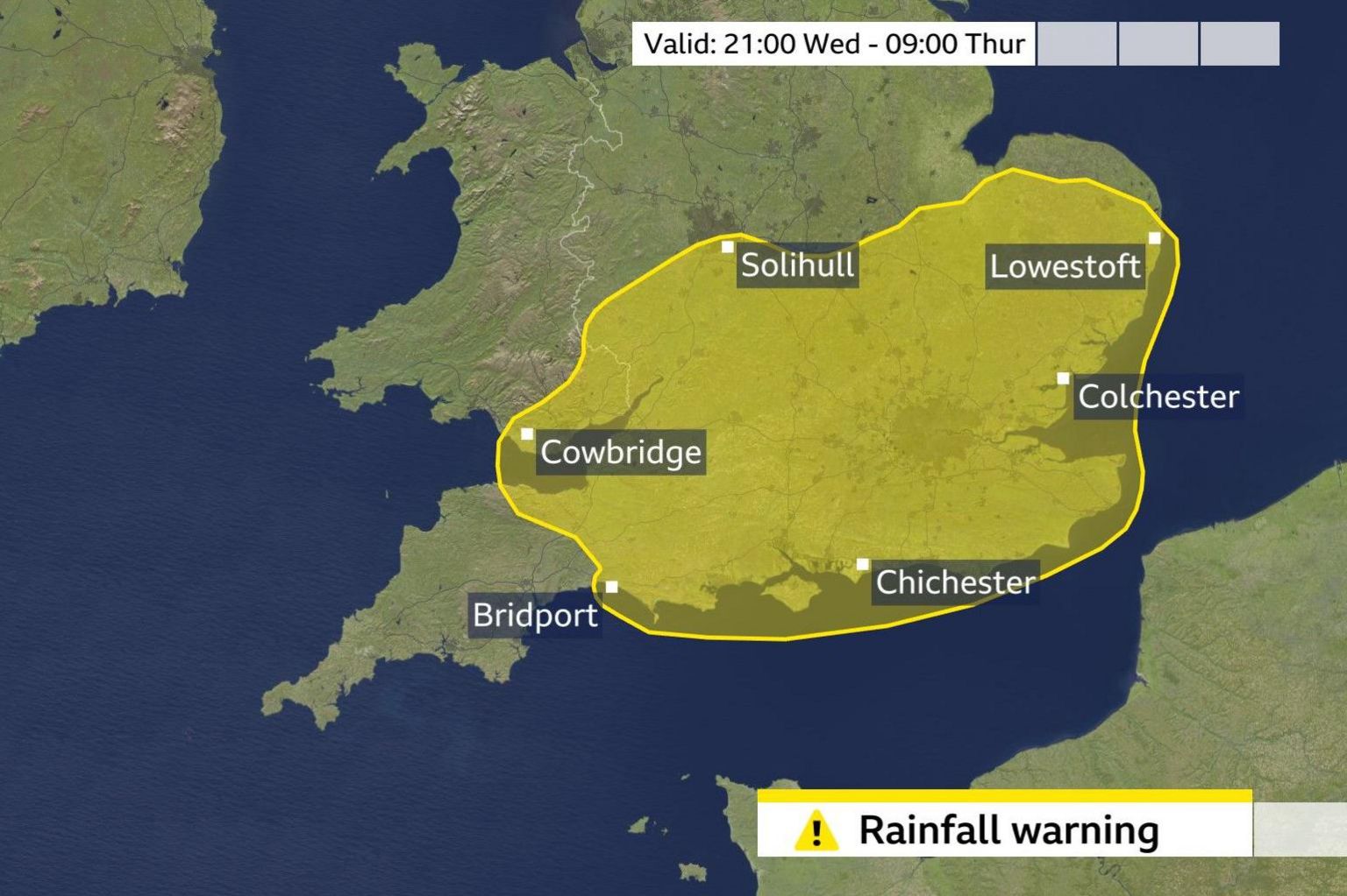 Map of southern half of UK with Met Office yellow warning area covering the south-east of England, most of East Anglia, most of the rest of the south of England as far north as Birmingham and west into Somerset, and the far south-east of Wales