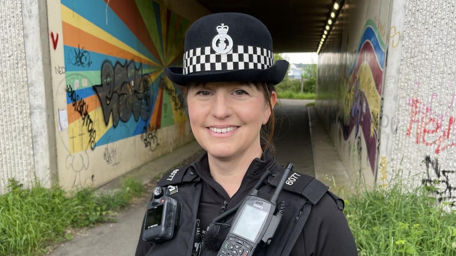PC Lucy Robinson outside a tunnel