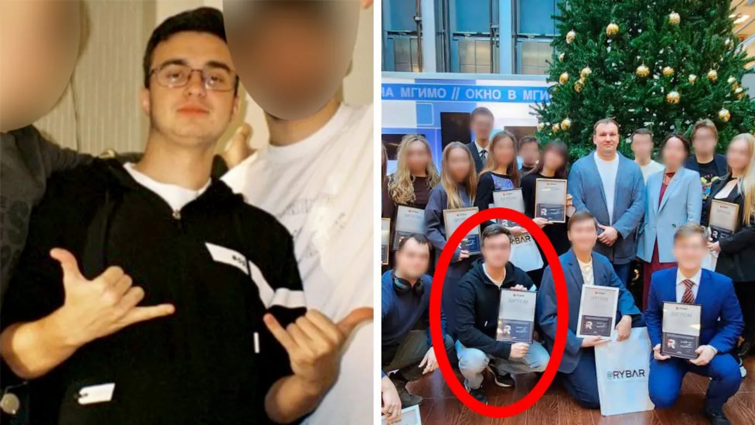 Instagram/Telegram A composite image showing Evgeny Lyukshin wearing a navy hoodie with a flash of white on the left upper arm as he poses with friends whose faces we have blurred. Alongside this is a photo posted by Rybar of the organisation's director Mikhail Zvinchuk posing with a large group of young people who hold up certificates and bags saying "Rybar". In the front of the image, Lyukshin is highlighted crouching down, also holding a certificate. Although Rybar blurred his face and those of the other young people, his navy hoodie has the same flash of white on the left arm as in the social media pic.