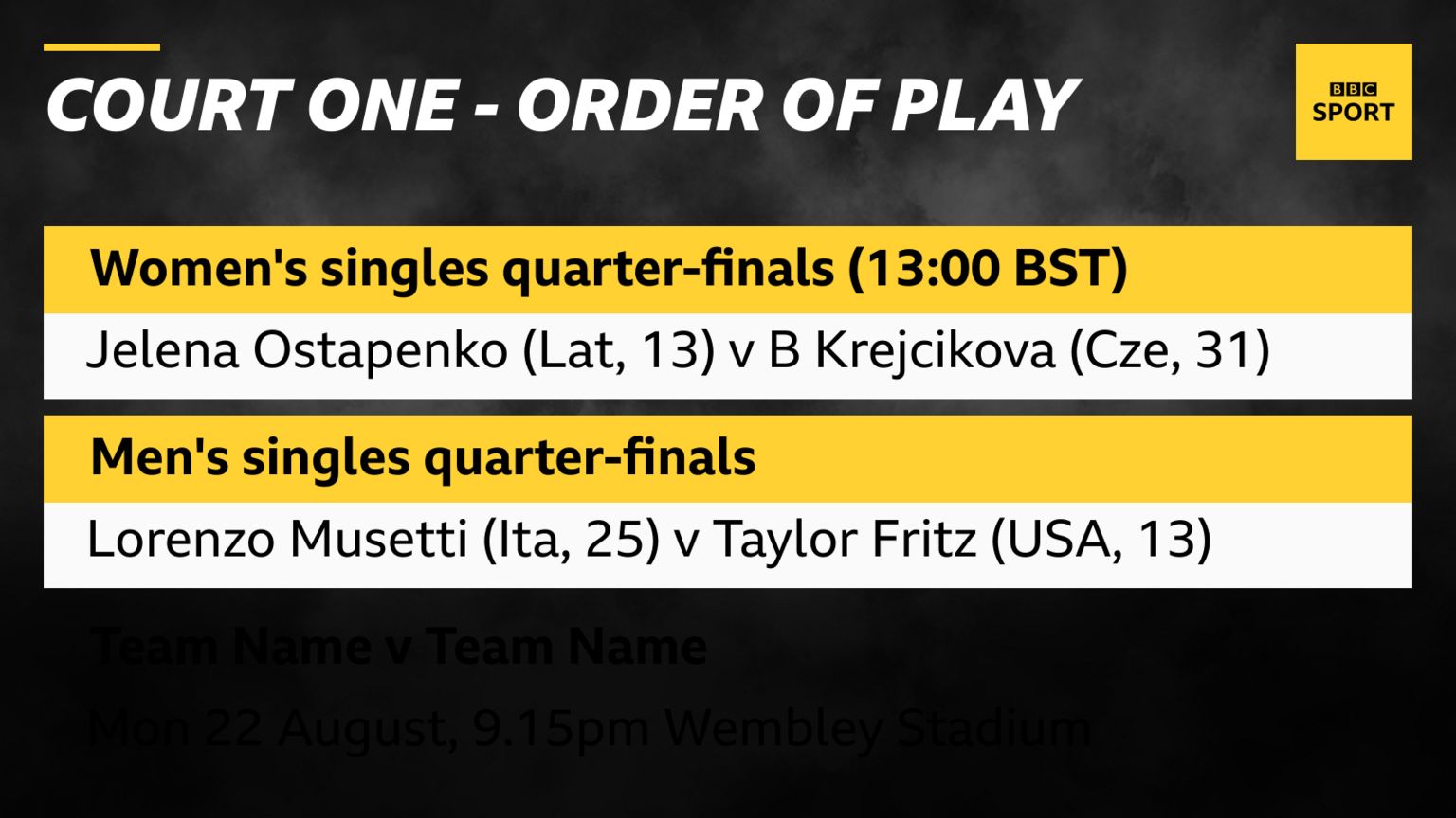 Court One order of play