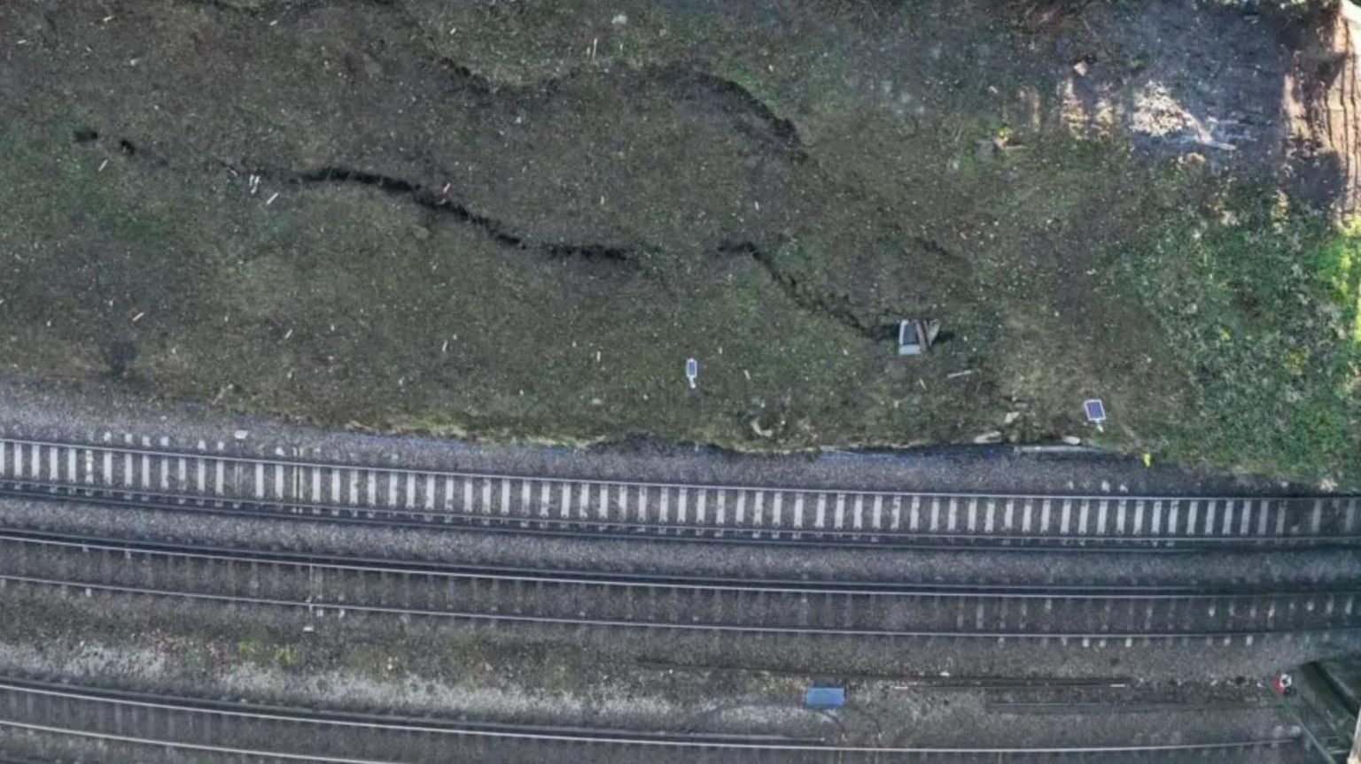 Network Rail ariel photograph of damaged earthworks near Woking