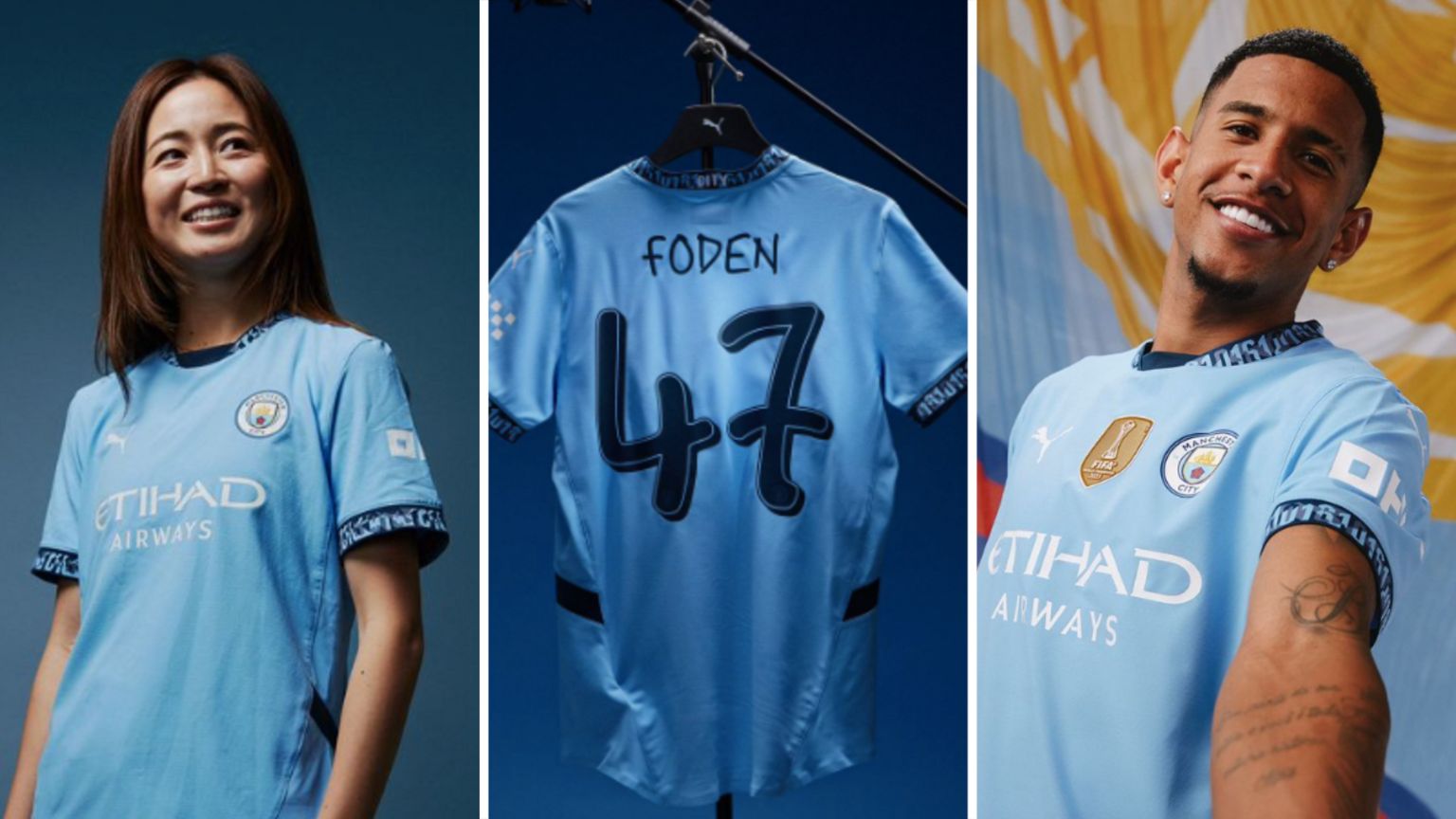 Risa Shimizu and Savinho model Manchester City's new kit.