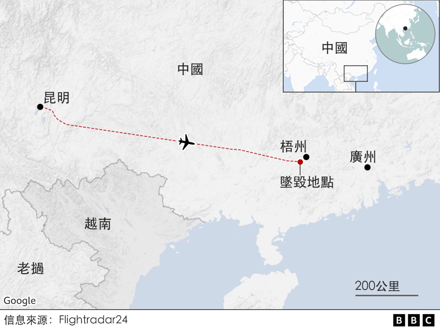 地图：东航MU5735客机飞行轨迹与坠毁地点