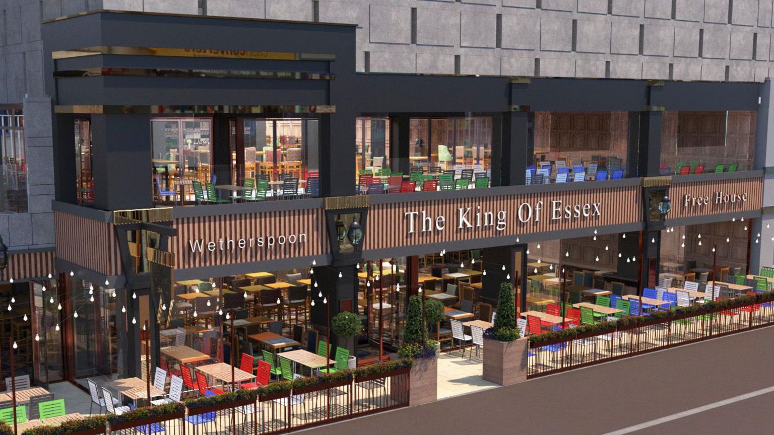 An artist's impression of The King of Essex pub, a large venue that takes up two floors and is packed with tables