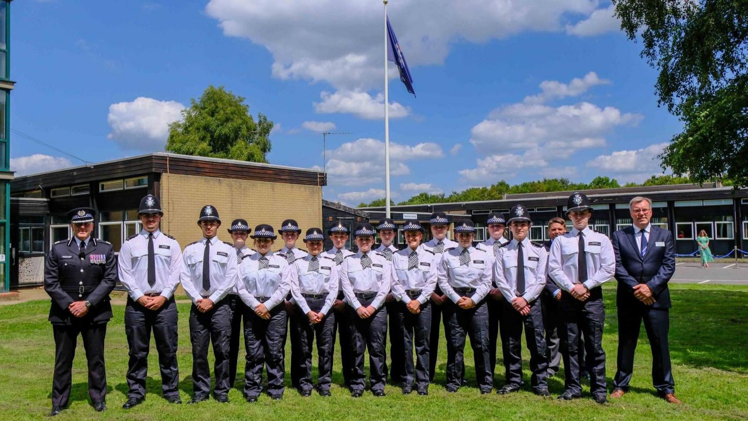 Police recruits with the Assistant Chief Constable Vaughan Lukey and Police and Crime Commissioner Darryl Preston