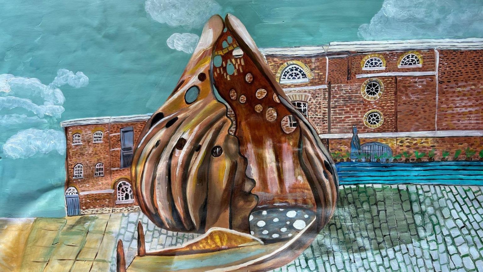 An initial artist's impression painting of The Wake - a large bronze shell sculpture with a hollow interior that can be walked inside, with holes in the shell casting light on the ground