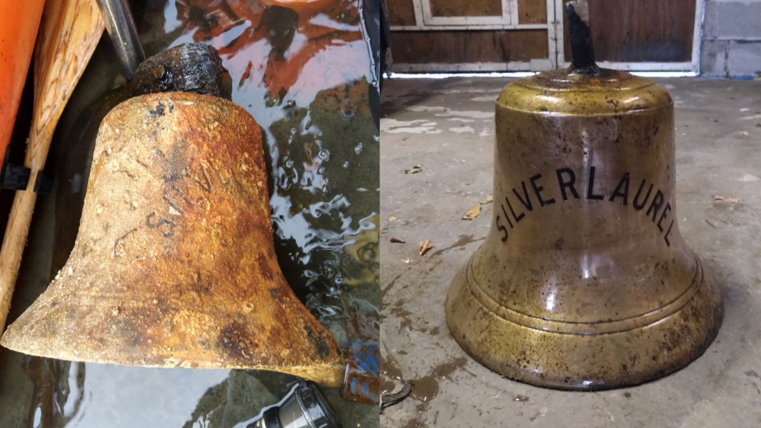 Before and after of the bell following clean up