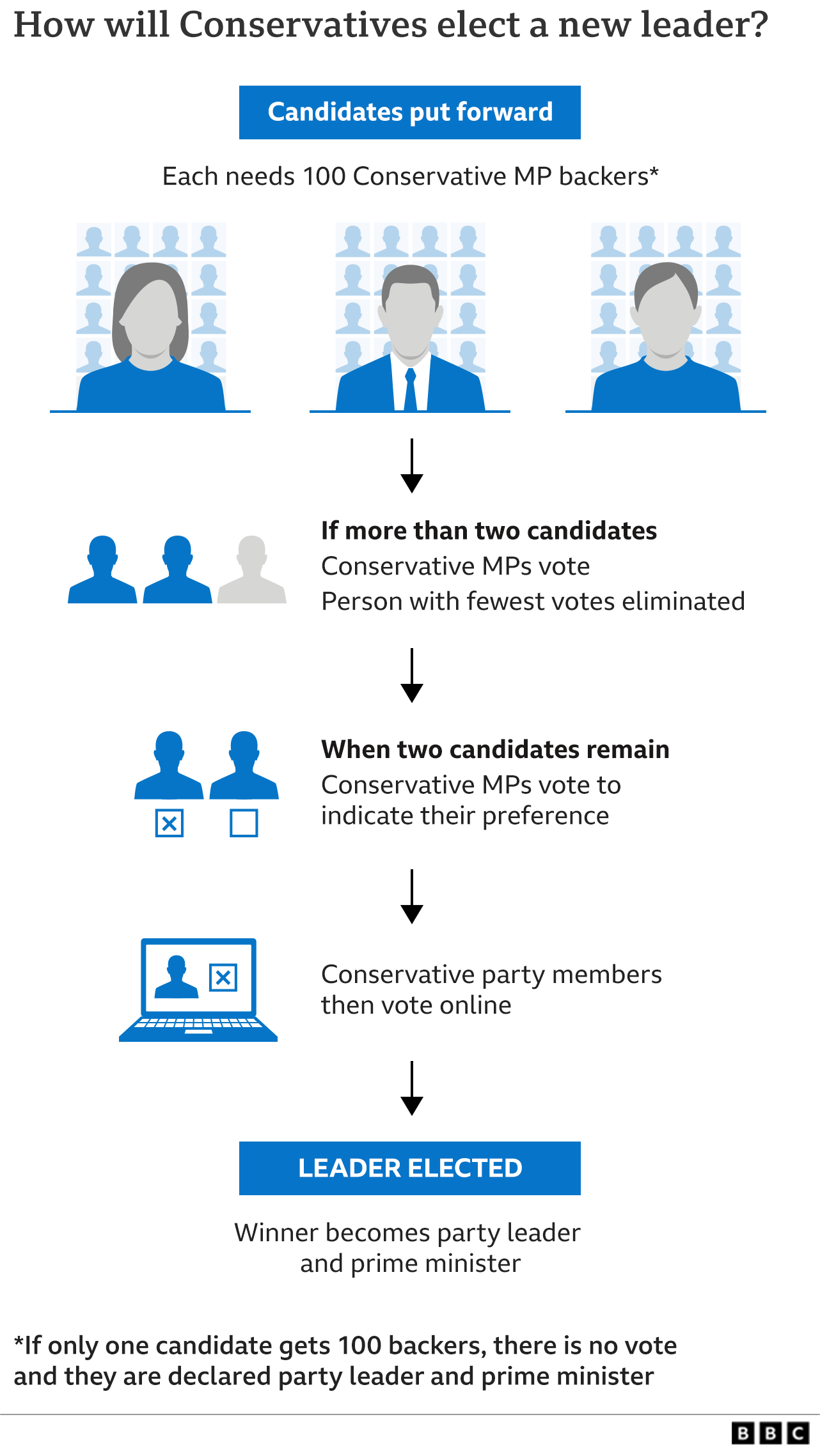 The process for electing a new PM and Conservative party leader.