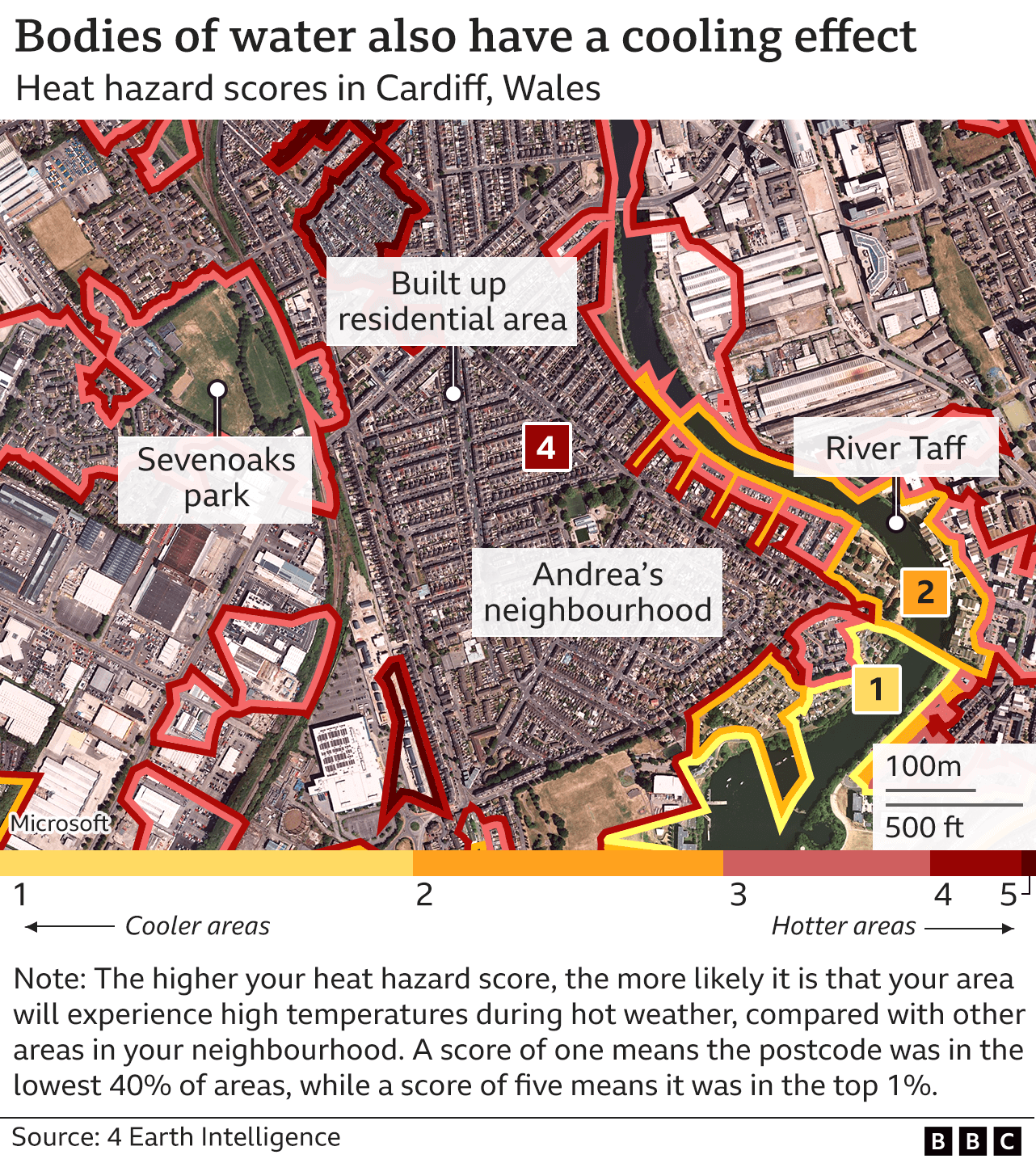 Map showing Andrea's neighbourhood's heat hazard score compared with nearby areas