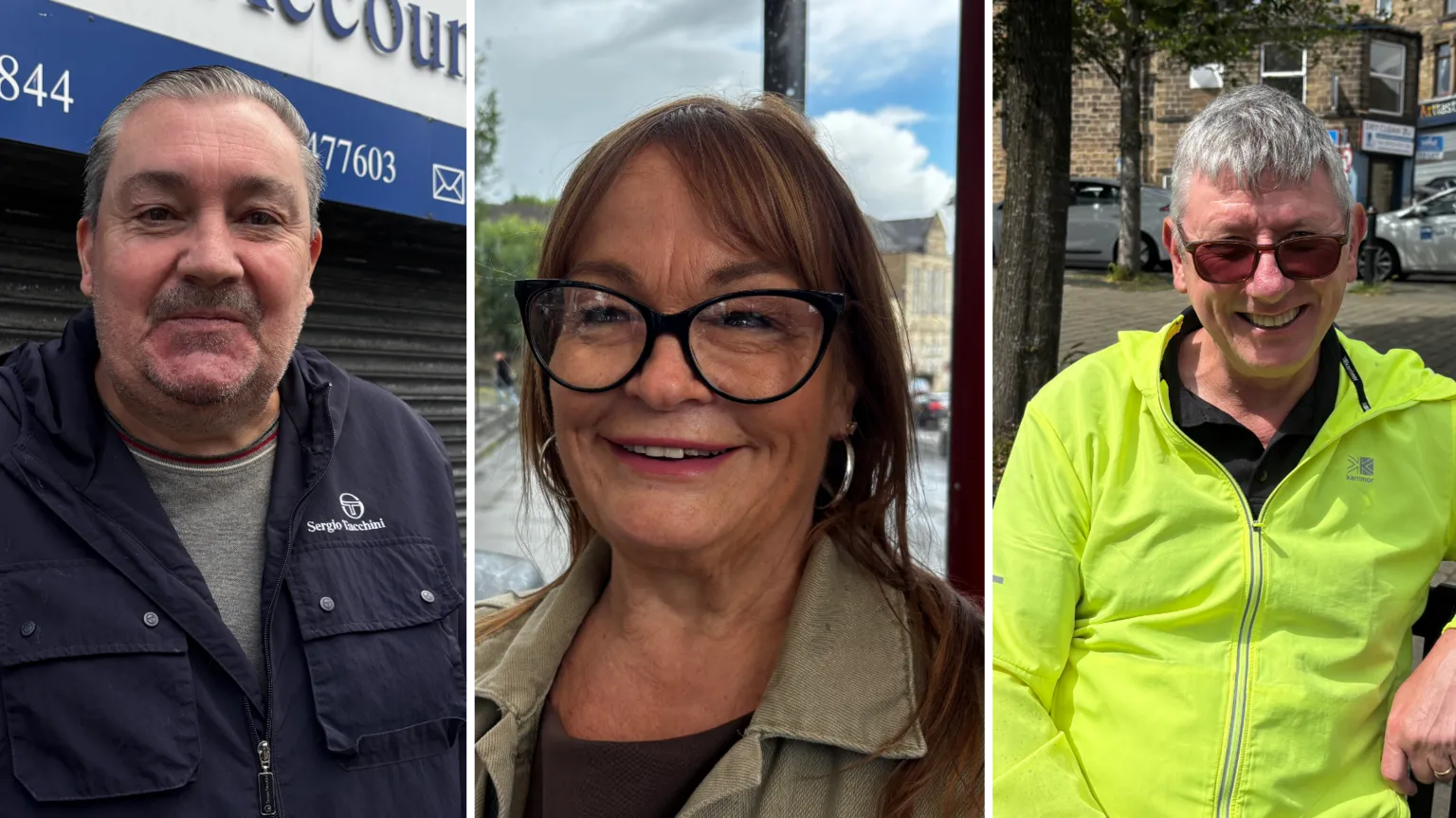 Composite image of three people - a man with brushed-back grey hair wearing a boiler suit, a woman with long brown hair wearing glasses and a man with grey hair, dark glasses and a hi-vis running jacket.