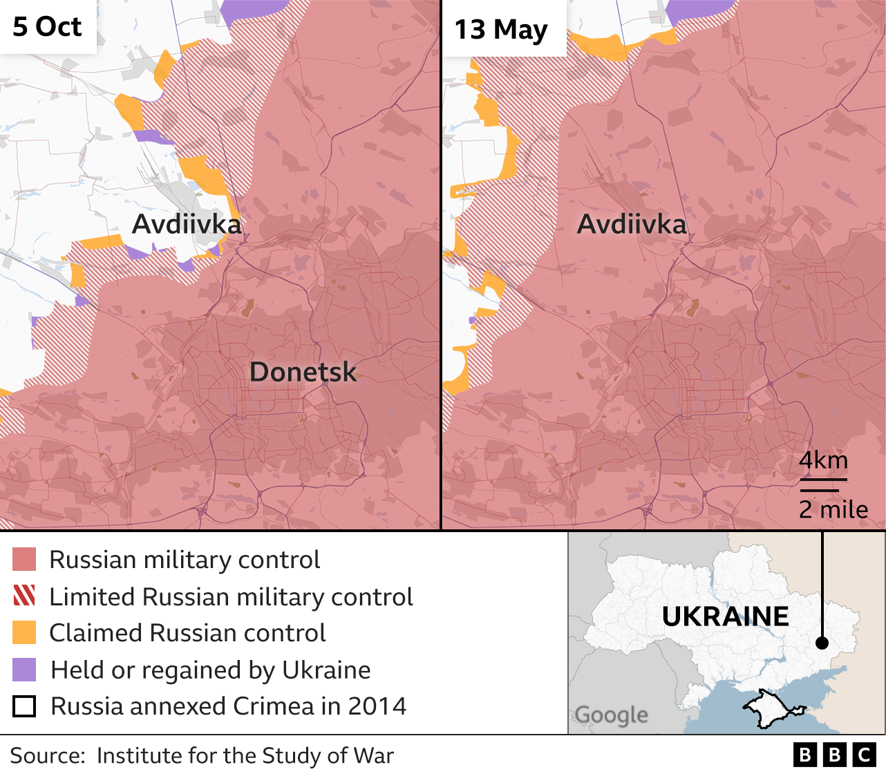 Map showing Russian advances around Avdiivka