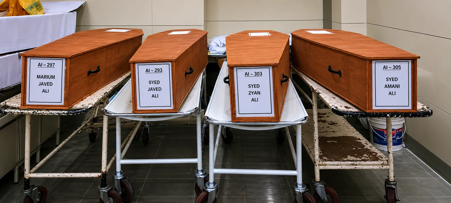 Imtiyaz Ali The coffins of Javed, Mariam and their two children, kept on hospital stretchers in Ahmedabad.